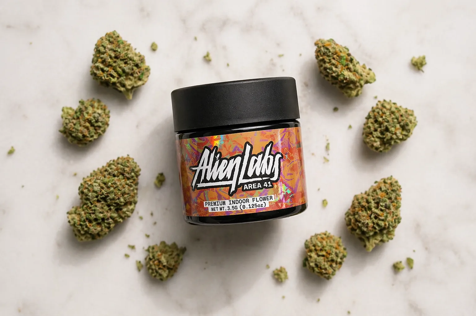 Alien Labs Area 41 indoor flower jar surrounded by cannabis buds
