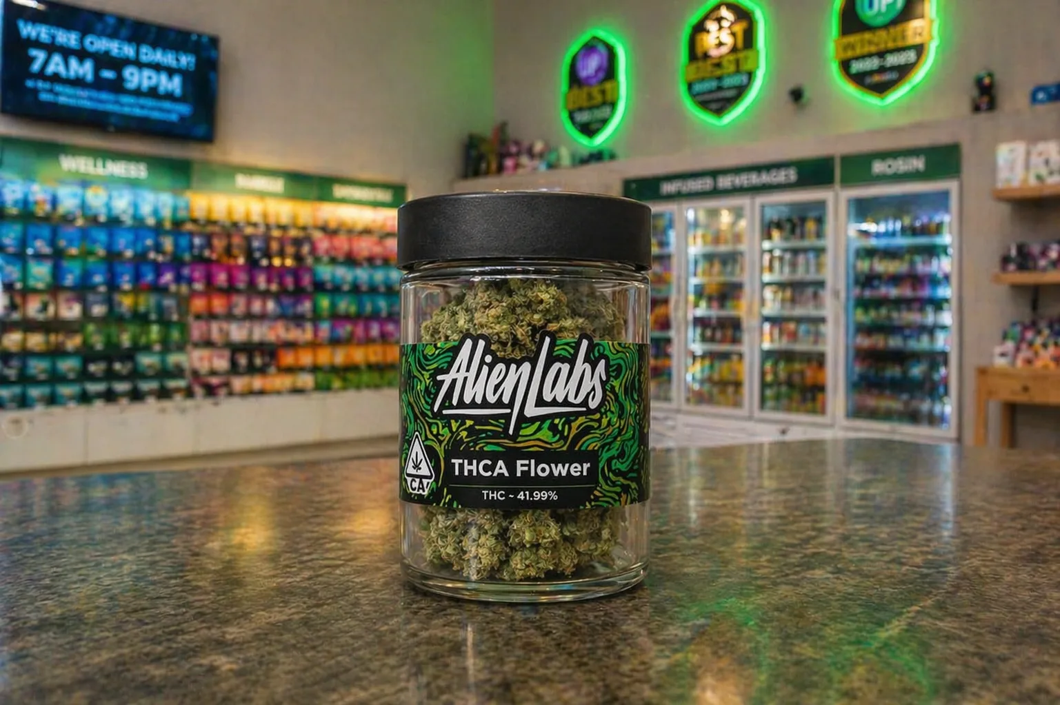 Alien Labs THCA cannabis flower jar on dispensary countertop