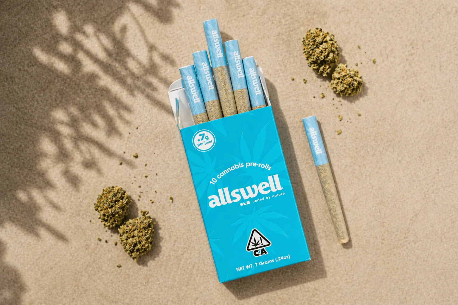 Allswell cannabis preroll pack with joints and buds on sand surface