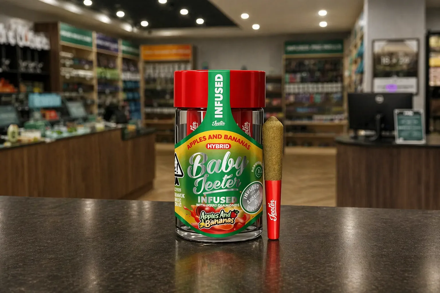 Baby Jeeter infused pre roll in apples and bananas flavor displayed in a glass jar on a dispensary counter