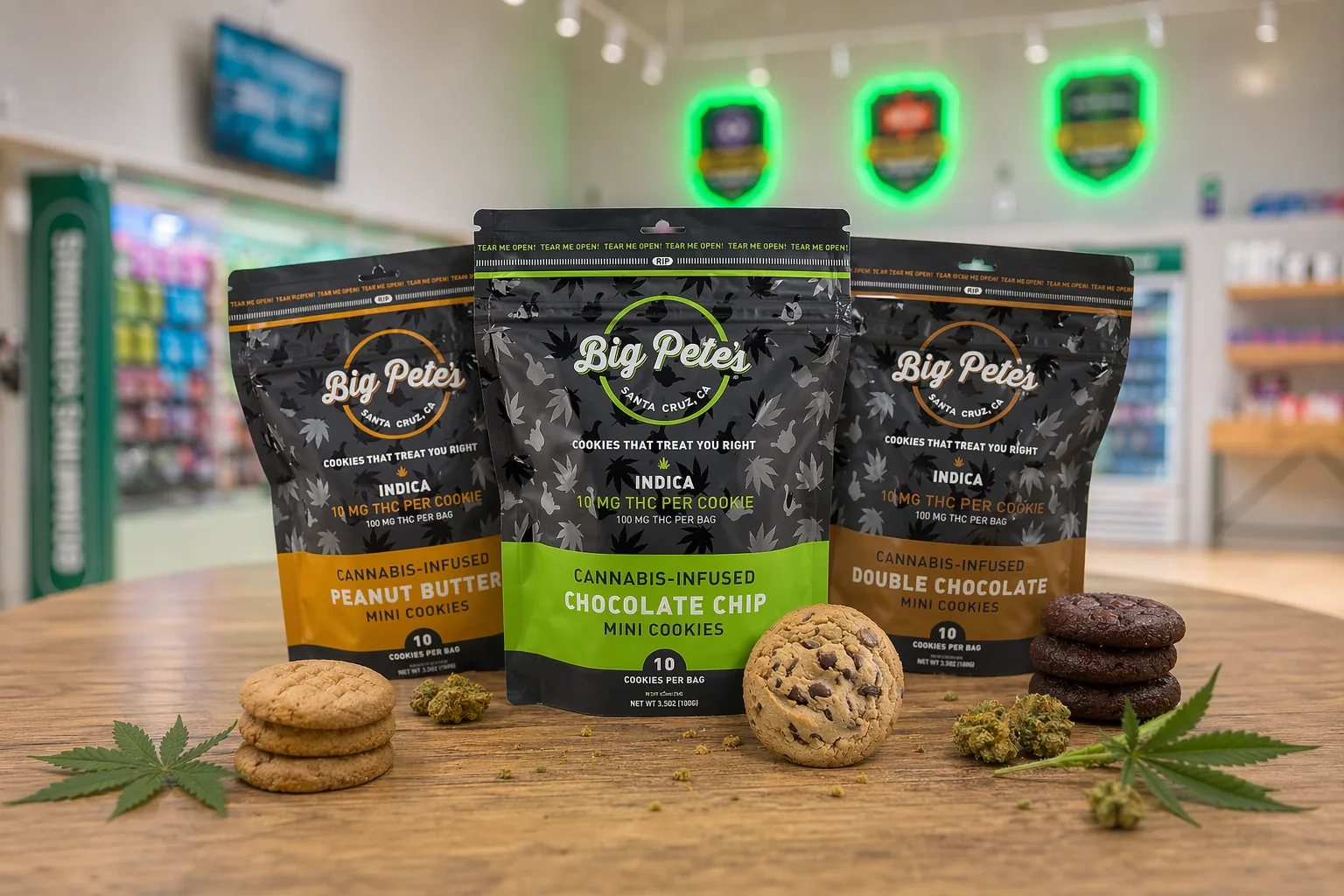 Big Pete's cannabis infused mini cookies packs with cookies on display