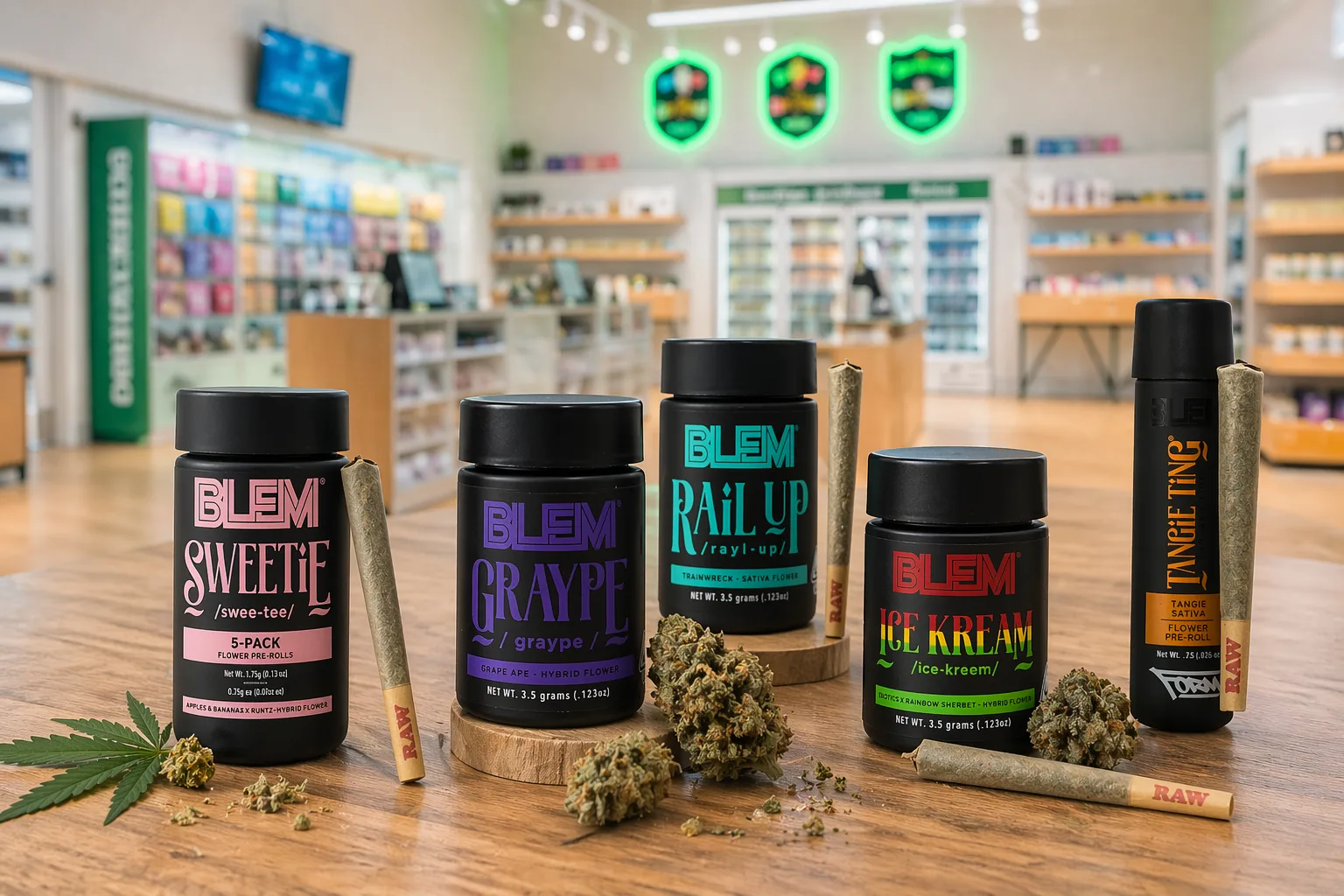 BLEM cannabis flower jars and prerolls lineup displayed in dispensary