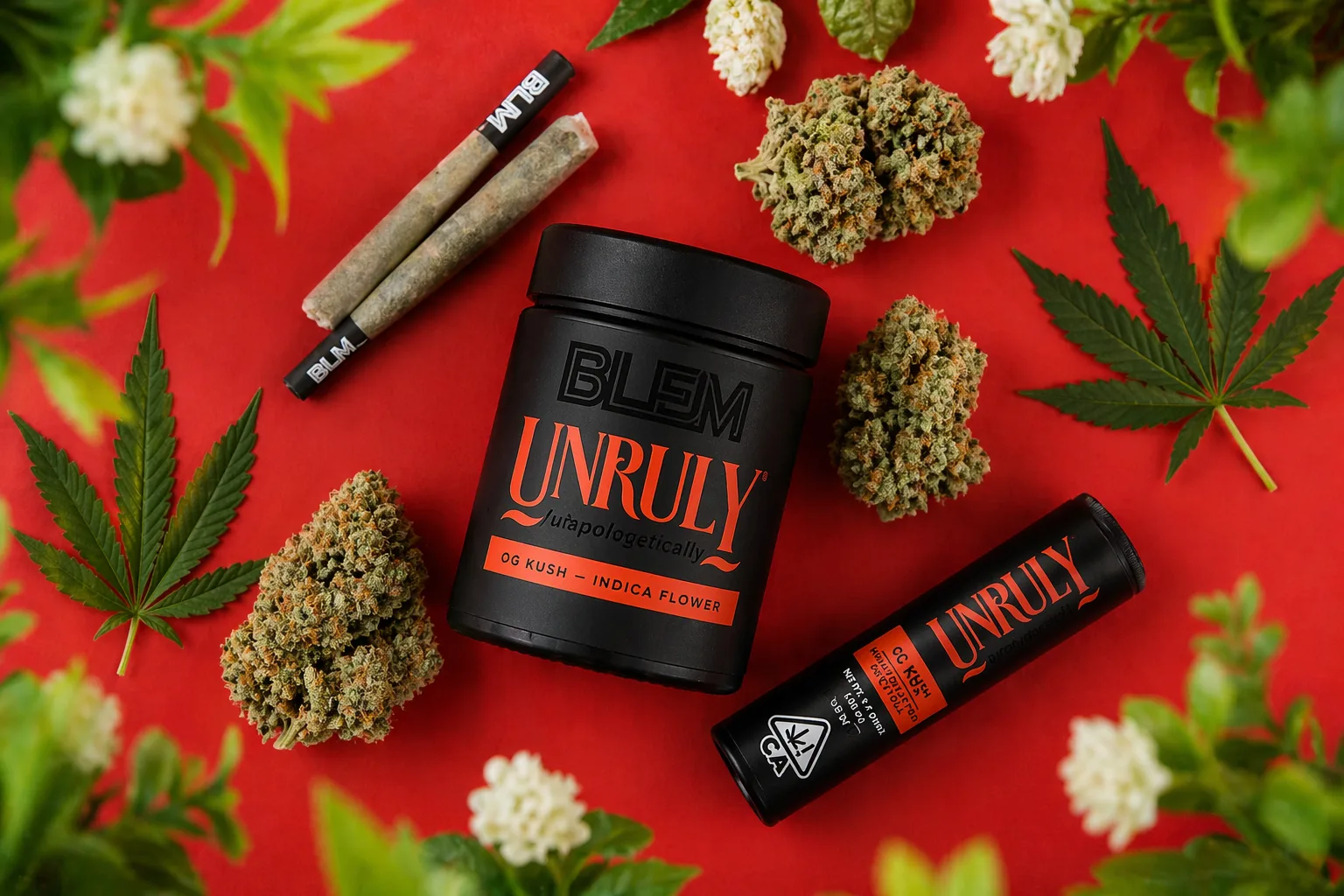 BLEM Unruly OG Kush indica flower jar with prerolls on red background