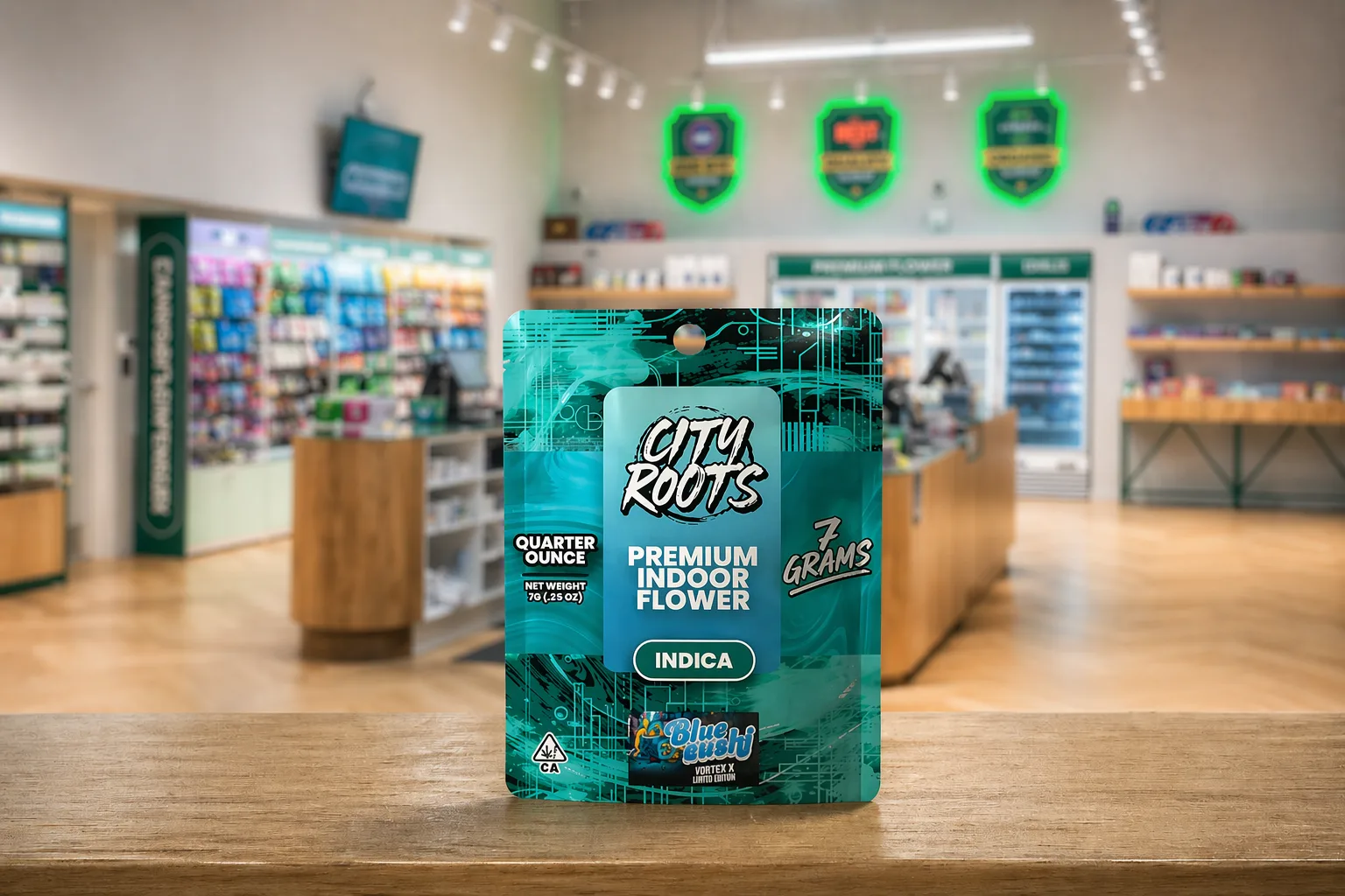 City Roots Blue Zlushie indica premium indoor flower 7g pack on dispensary counter