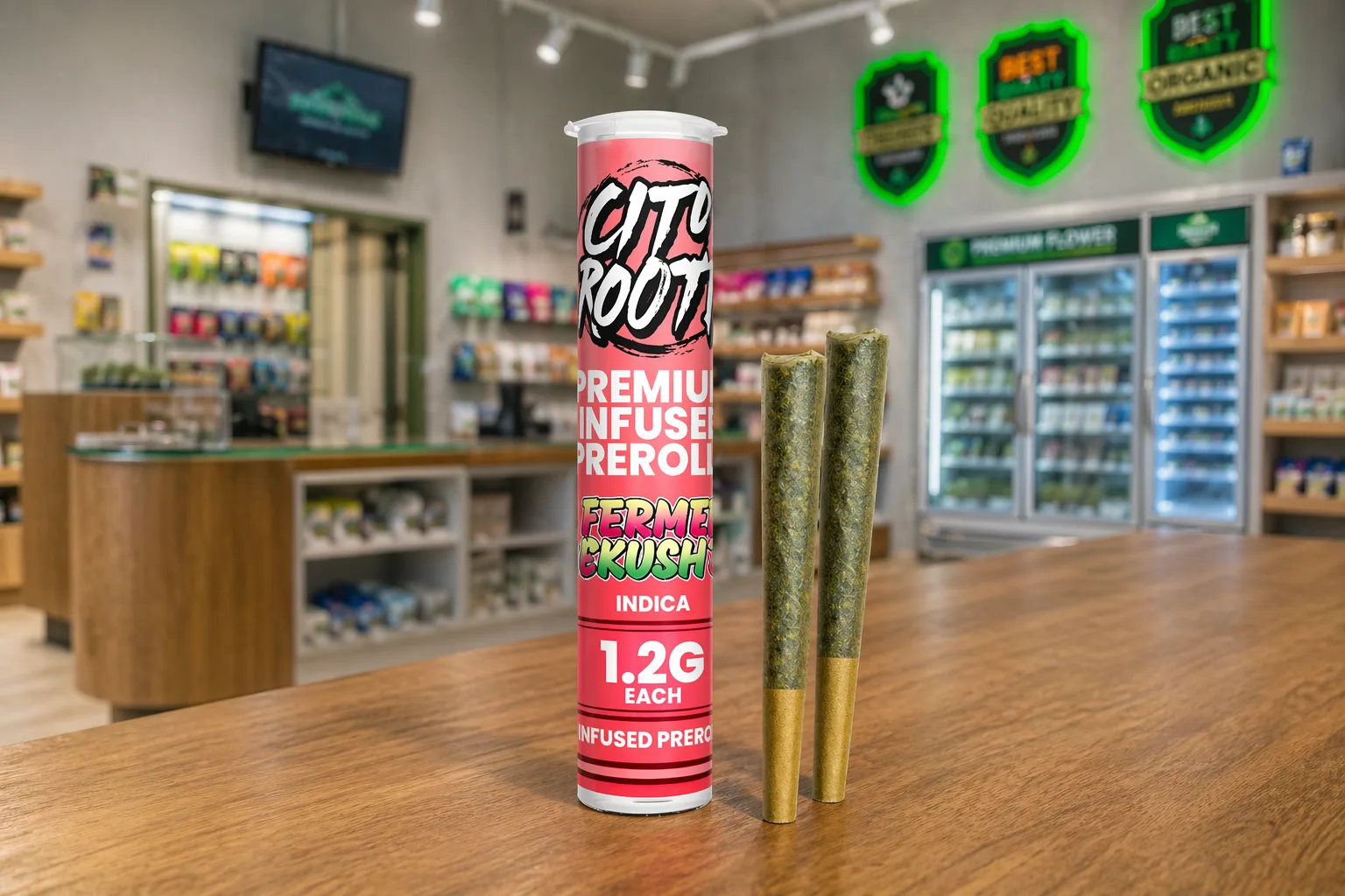 City Roots Ferme Kush indica infused preroll pack with two prerolls on display