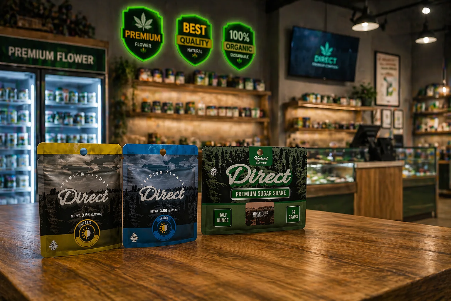Direct premium cannabis flower bags and sugar shake product displayed in dispensary