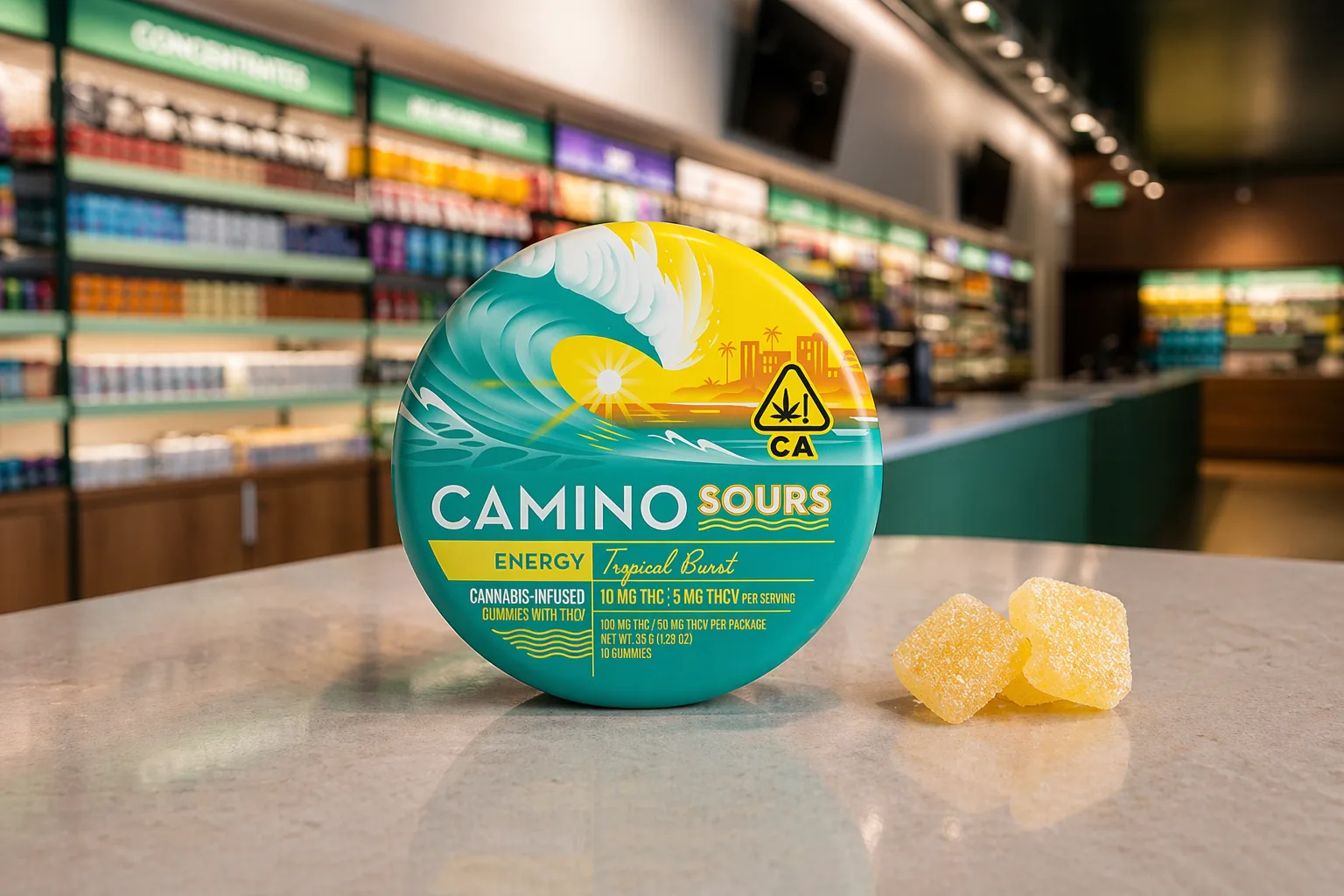 Camino Sours tropical burst cannabis infused gummies container with gummies on counter