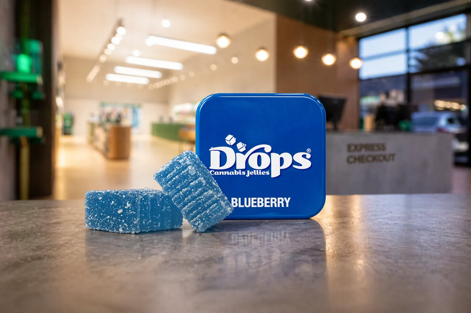 Drops blueberry cannabis gummies with tin container