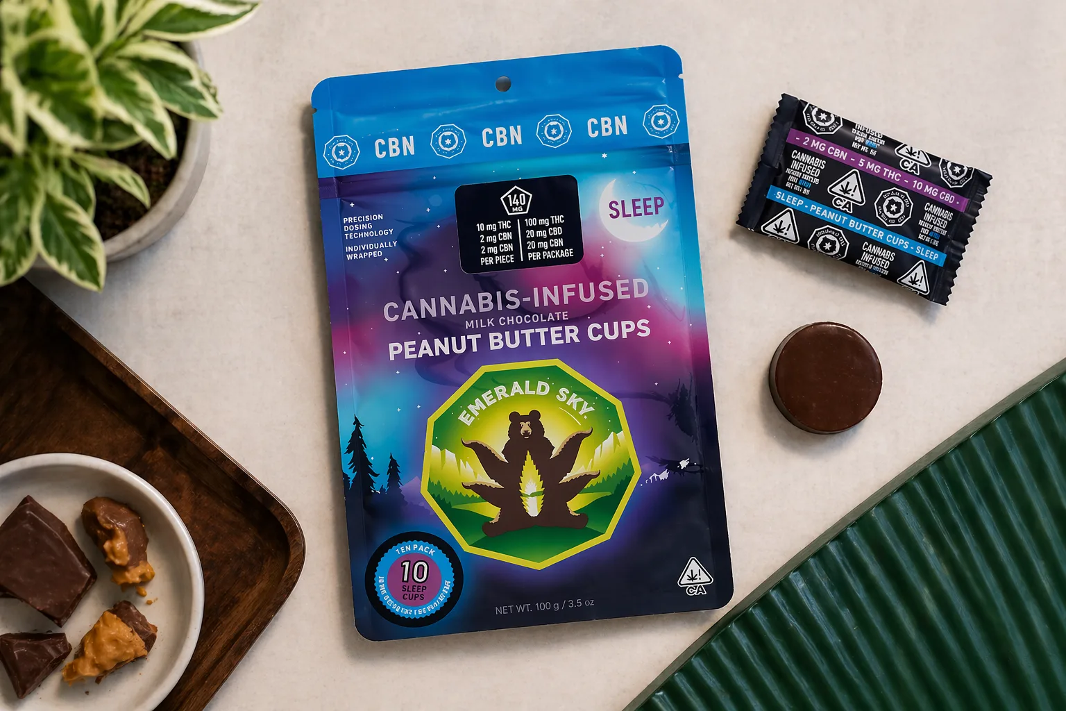 Cannabis peanut butter cups flat lay with packaging