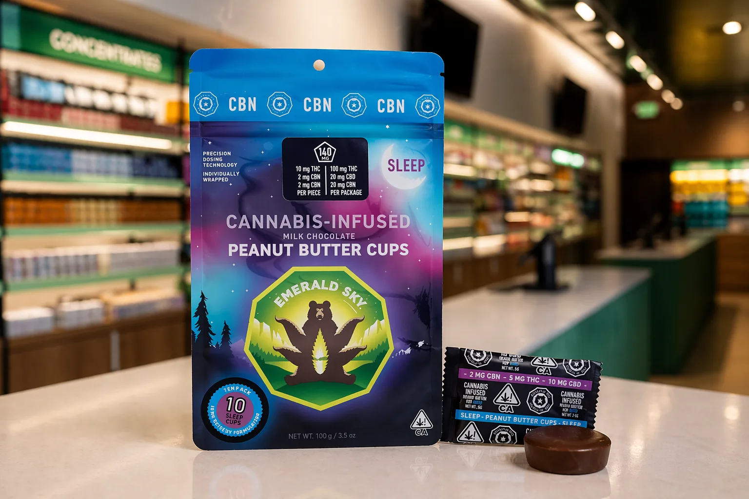 Cannabis infused peanut butter cups packaging display