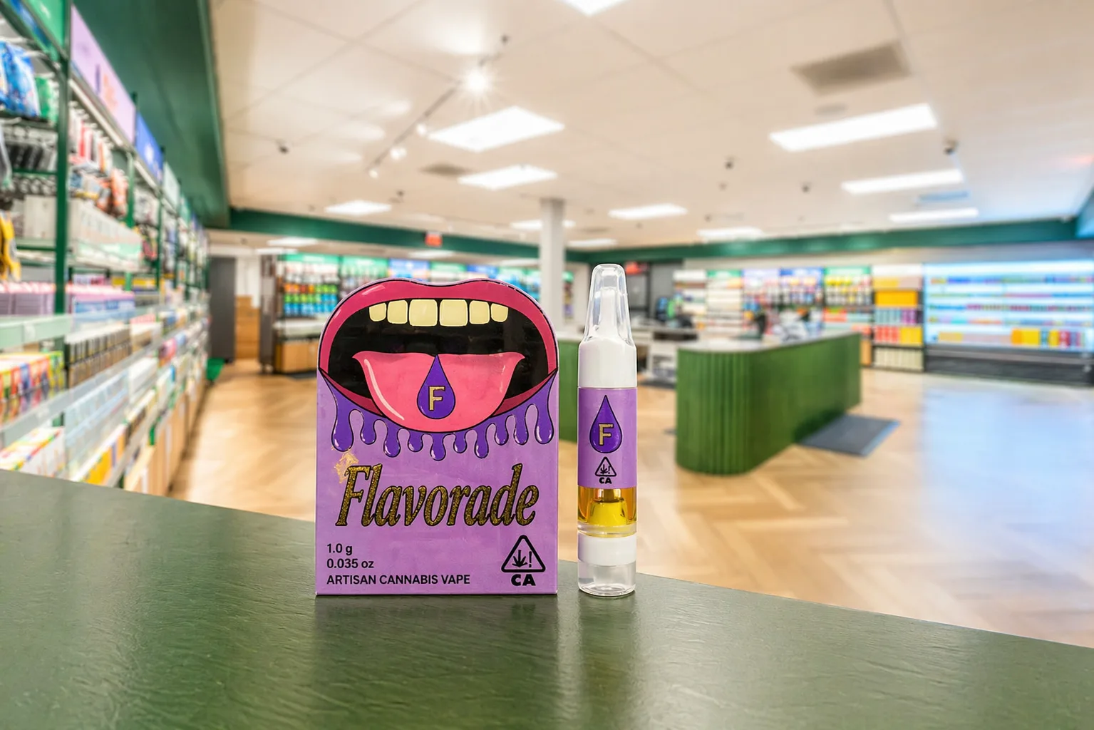 Flavorade cannabis vape cartridge and packaging displayed on a counter inside a retail dispensary store