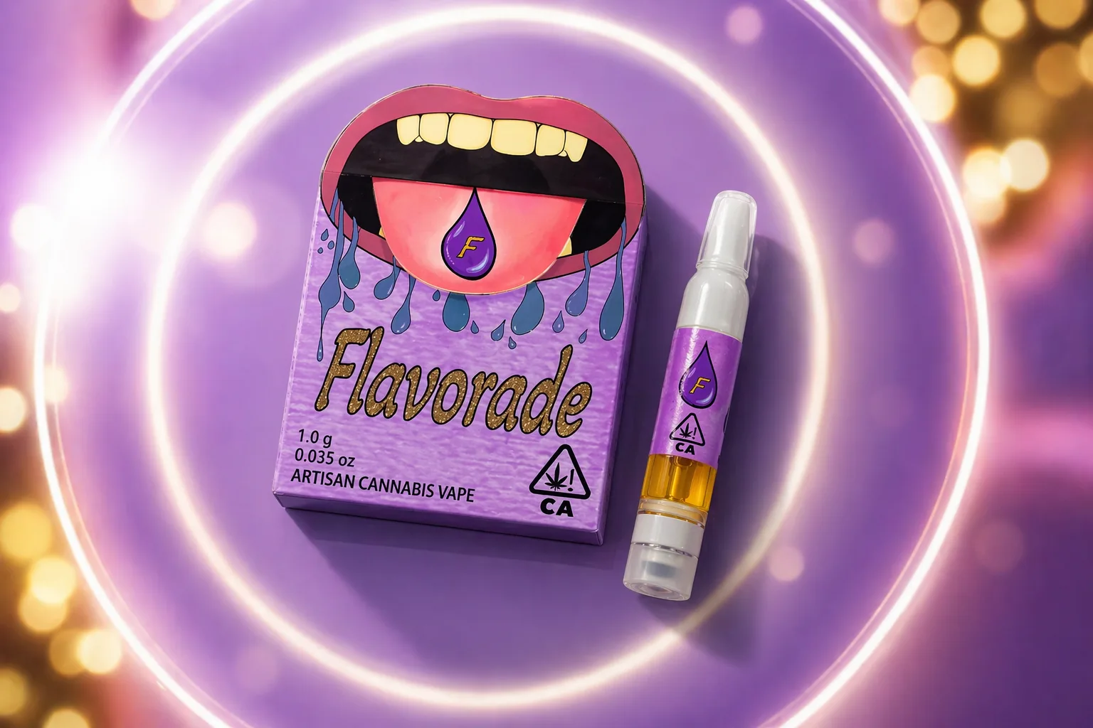 Flavorade artisan cannabis vape cartridge with purple packaging and stylized mouth design on a glowing purple background