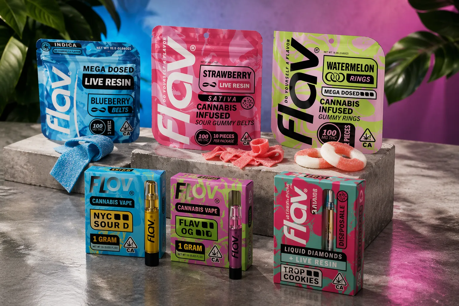 Flov live resin cannabis gummies and vape cartridges displayed on concrete platform