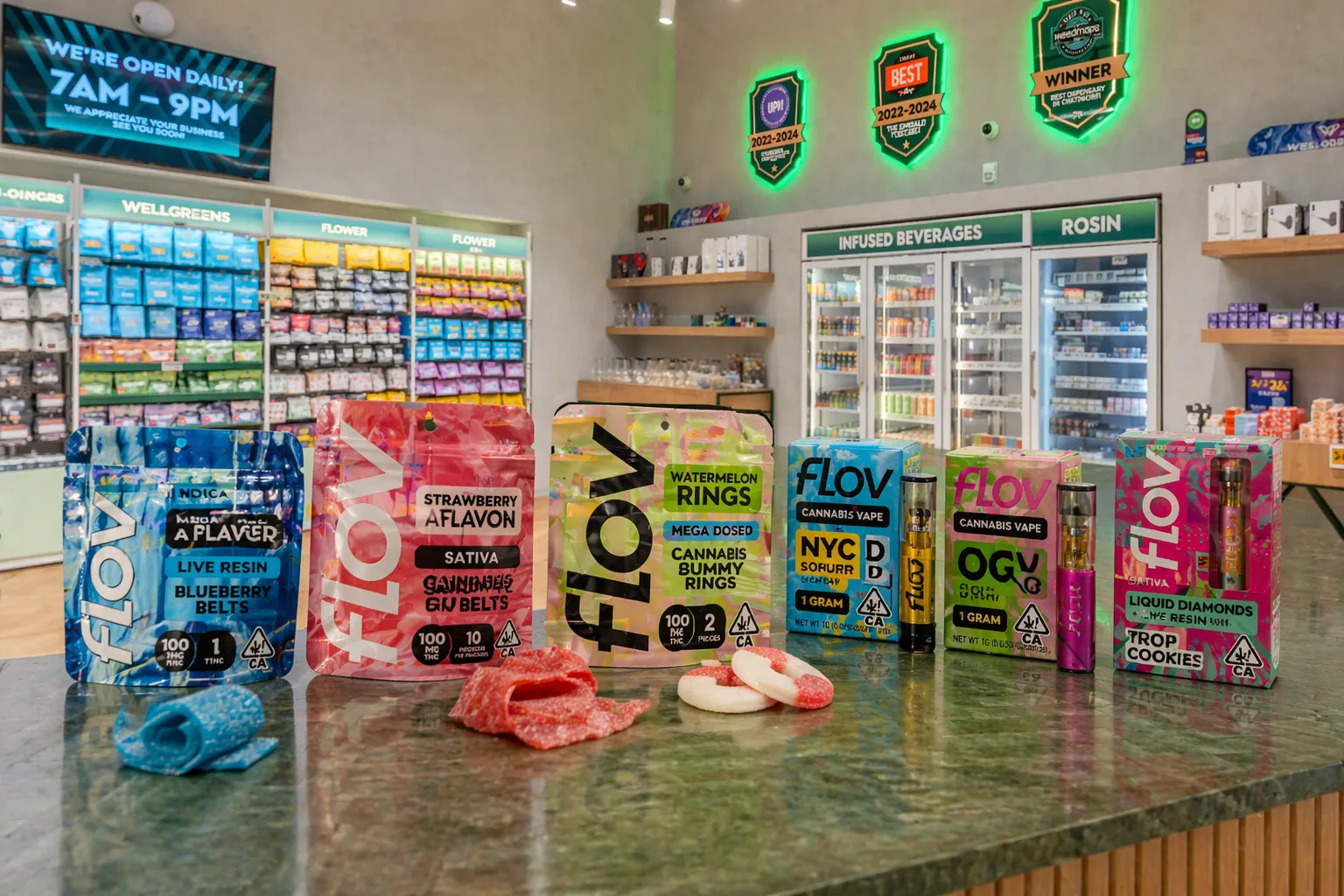 Flov cannabis gummies and vape products displayed inside dispensary store