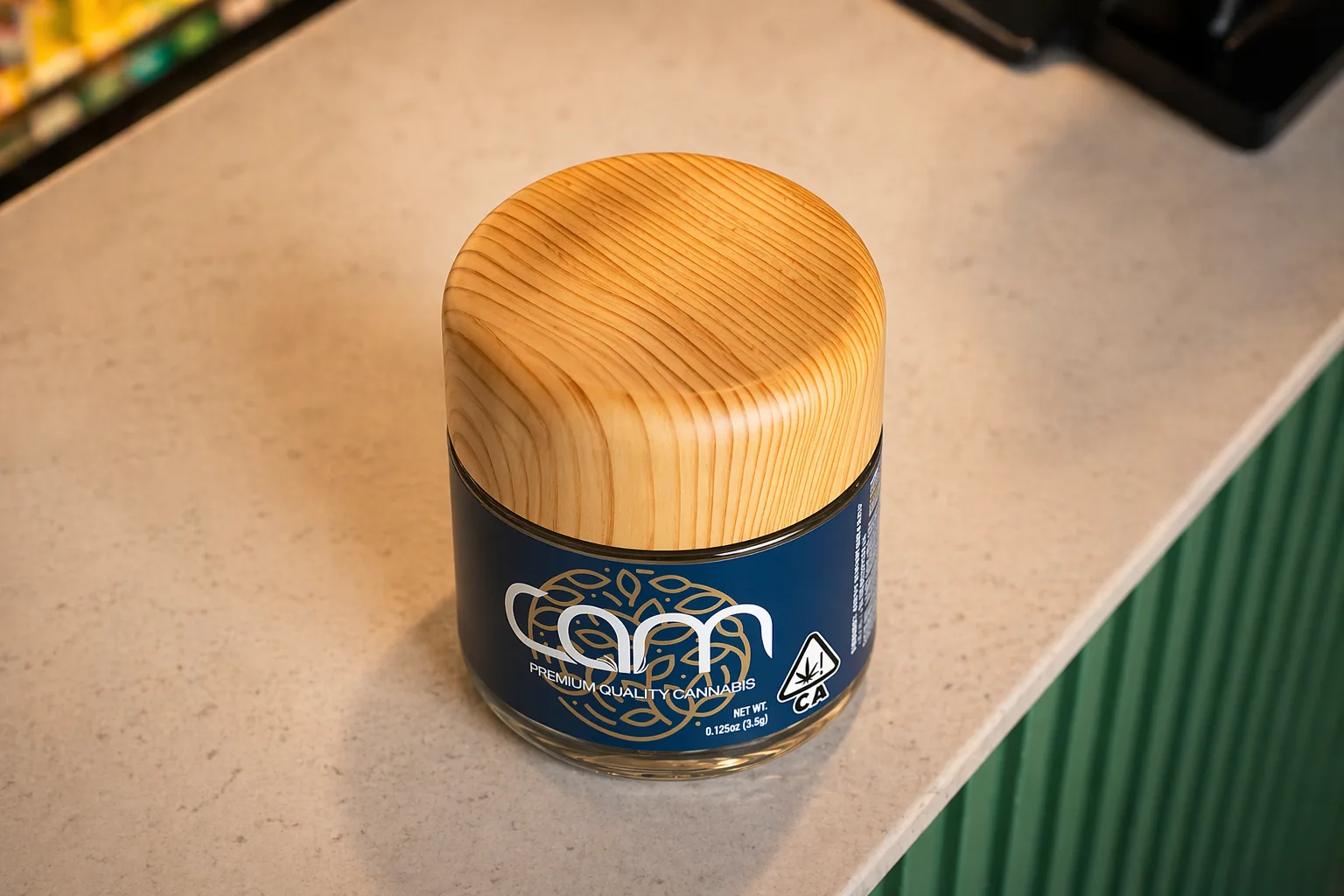 Top view of CAM cannabis jar with wooden lid