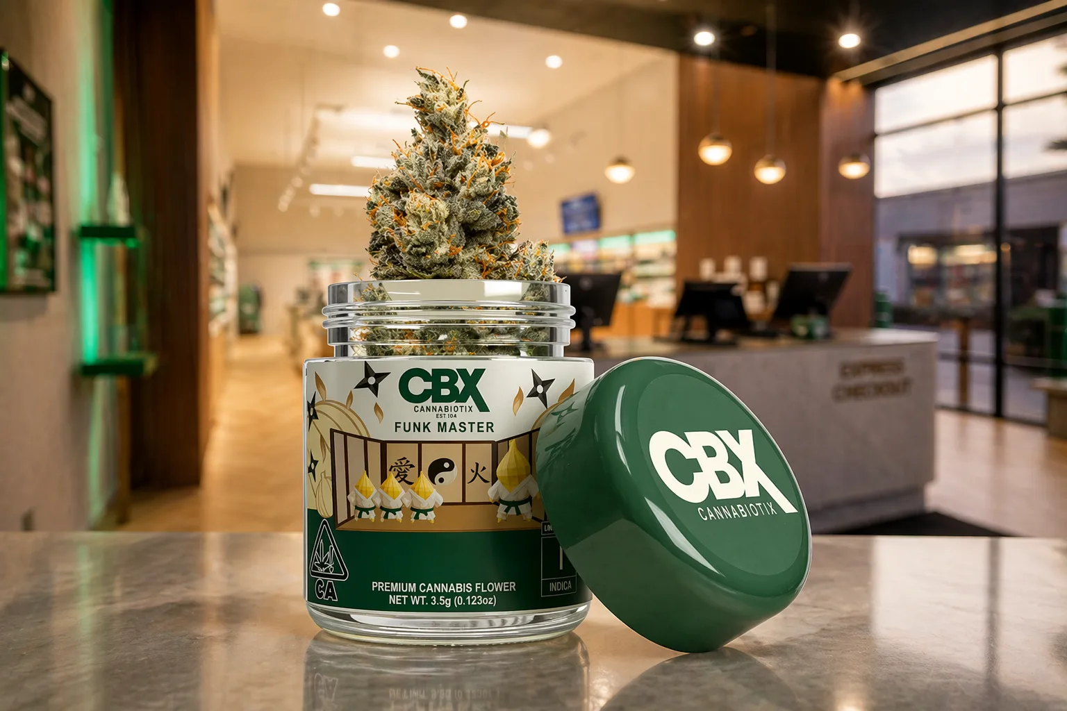 CBX Cannabiotix Funk Master cannabis flower jar with bud