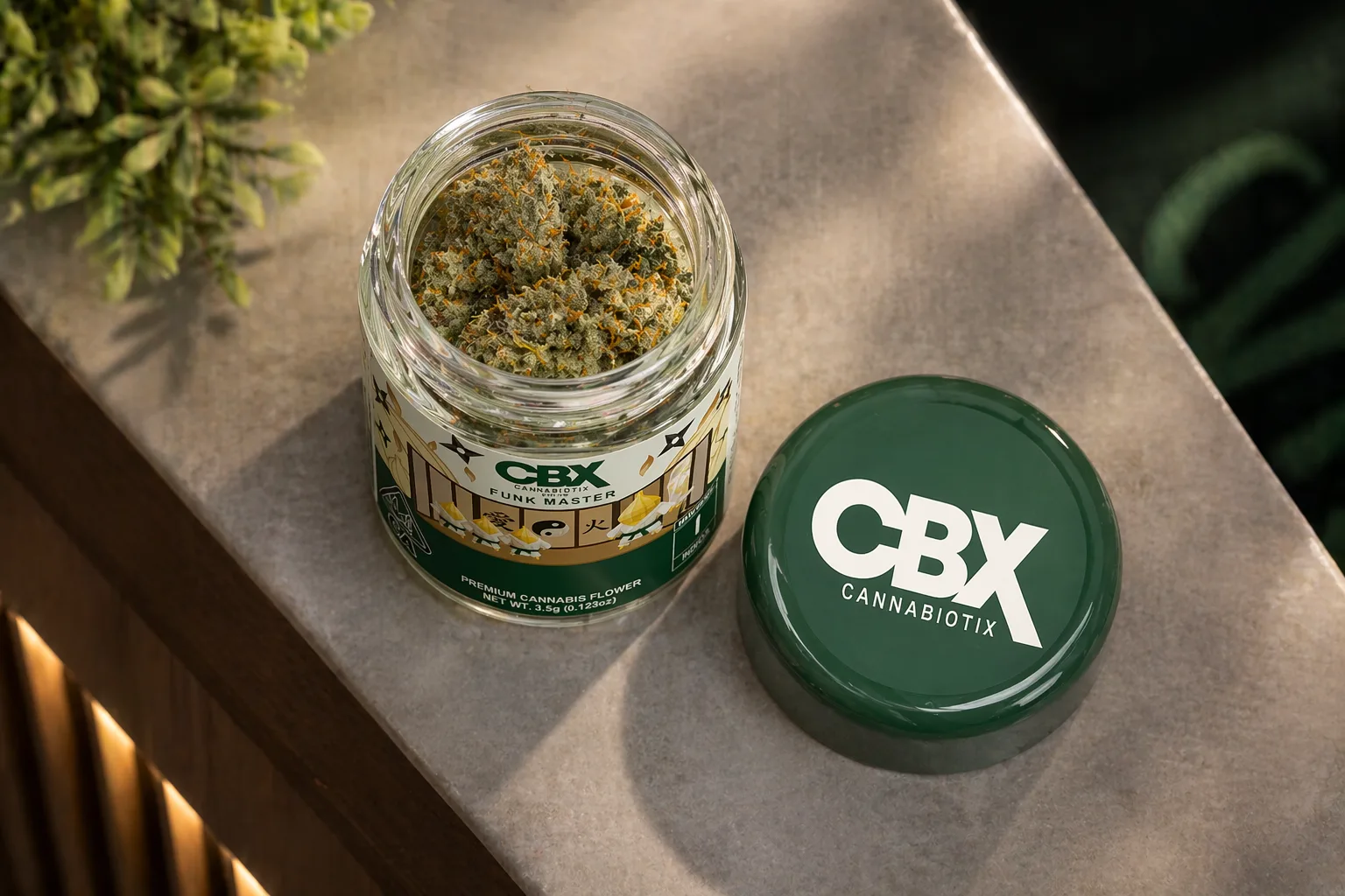 Top view of CBX cannabis flower jar and lid