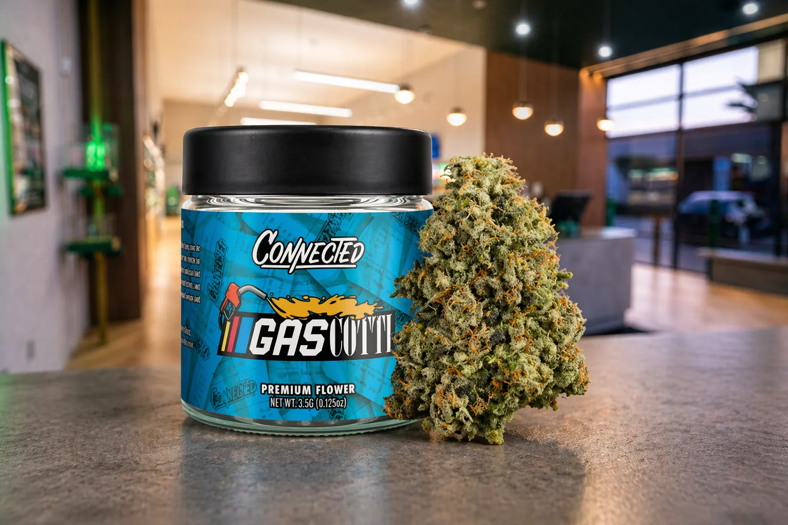 Connected Gasotti cannabis flower jar with bud