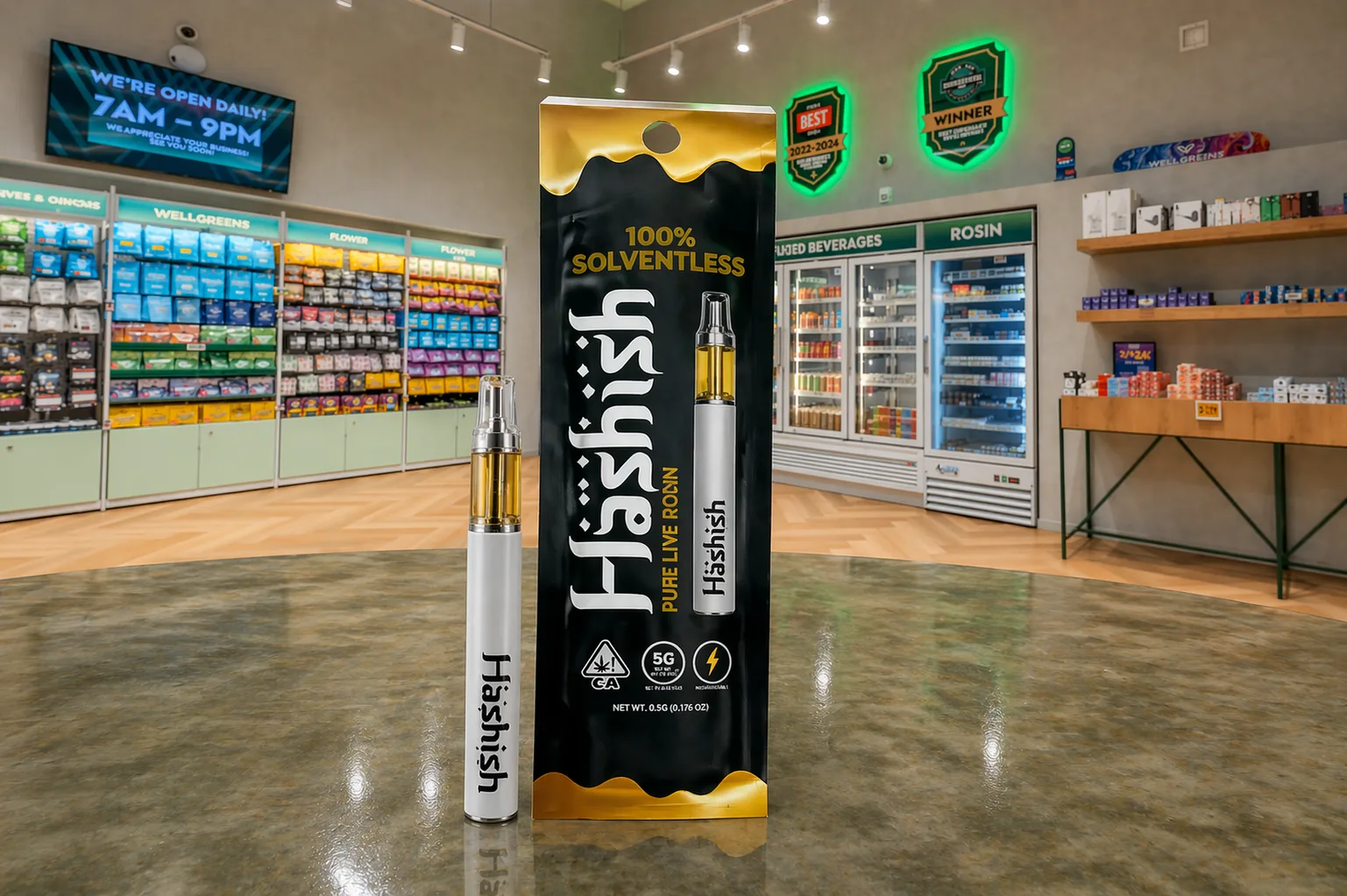 Hashish pure live rosin vape cartridge and packaging displayed on a counter inside a retail dispensary with product shelves in the background