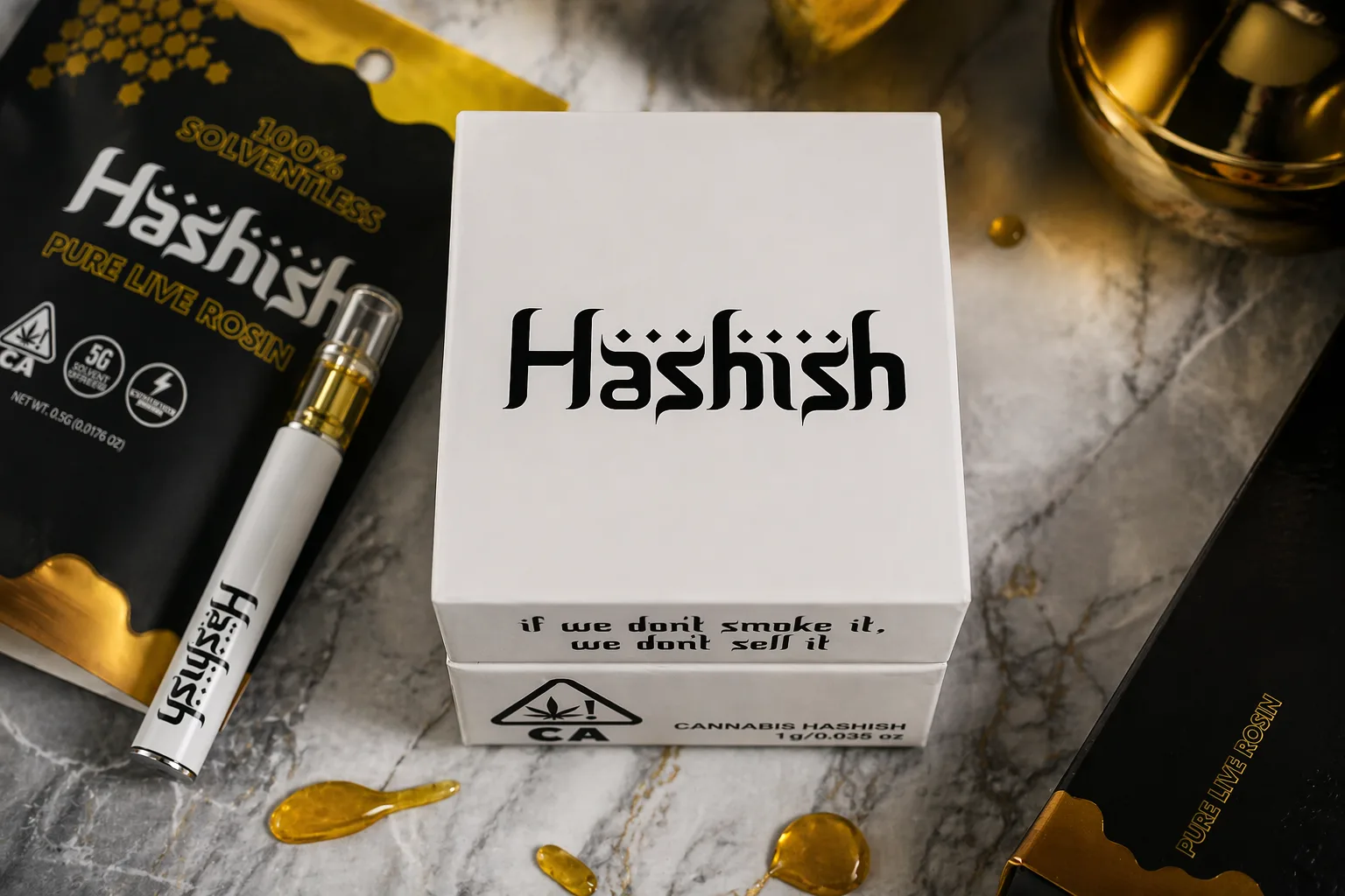 Hashish cannabis vape cartridge and white branded box with solventless live rosin packaging on a marble surface