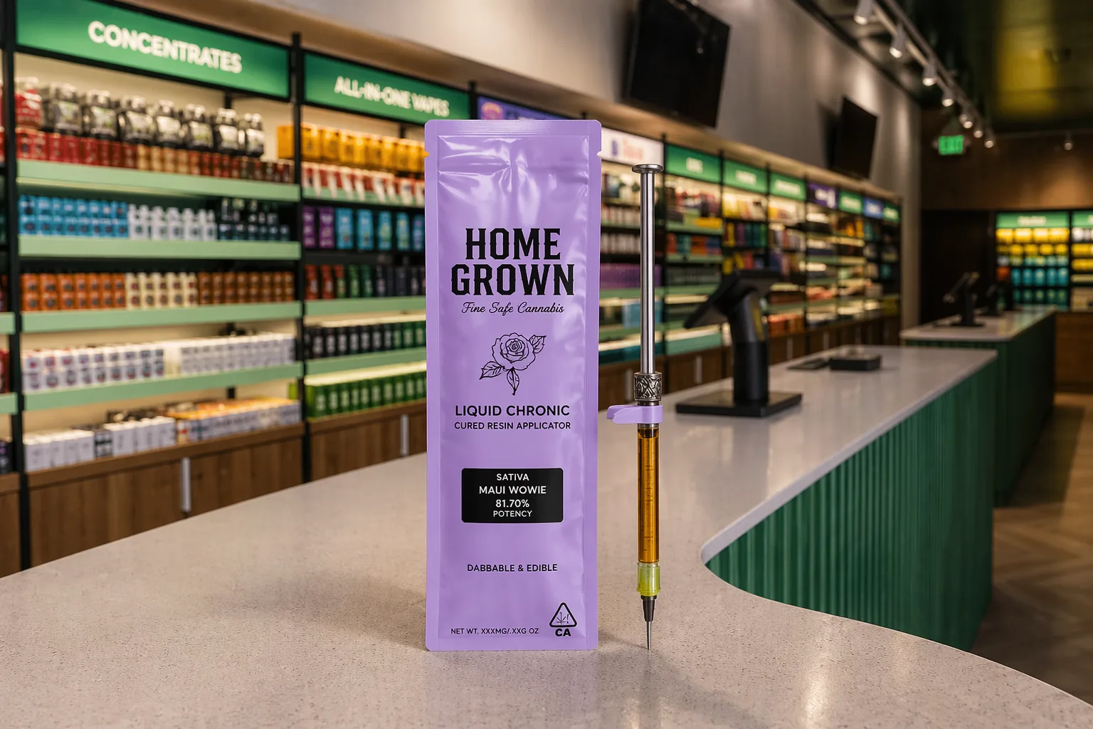 Home Grown liquid chronic cured resin applicator syringe and packaging displayed on a dispensary counter with product shelves in the background