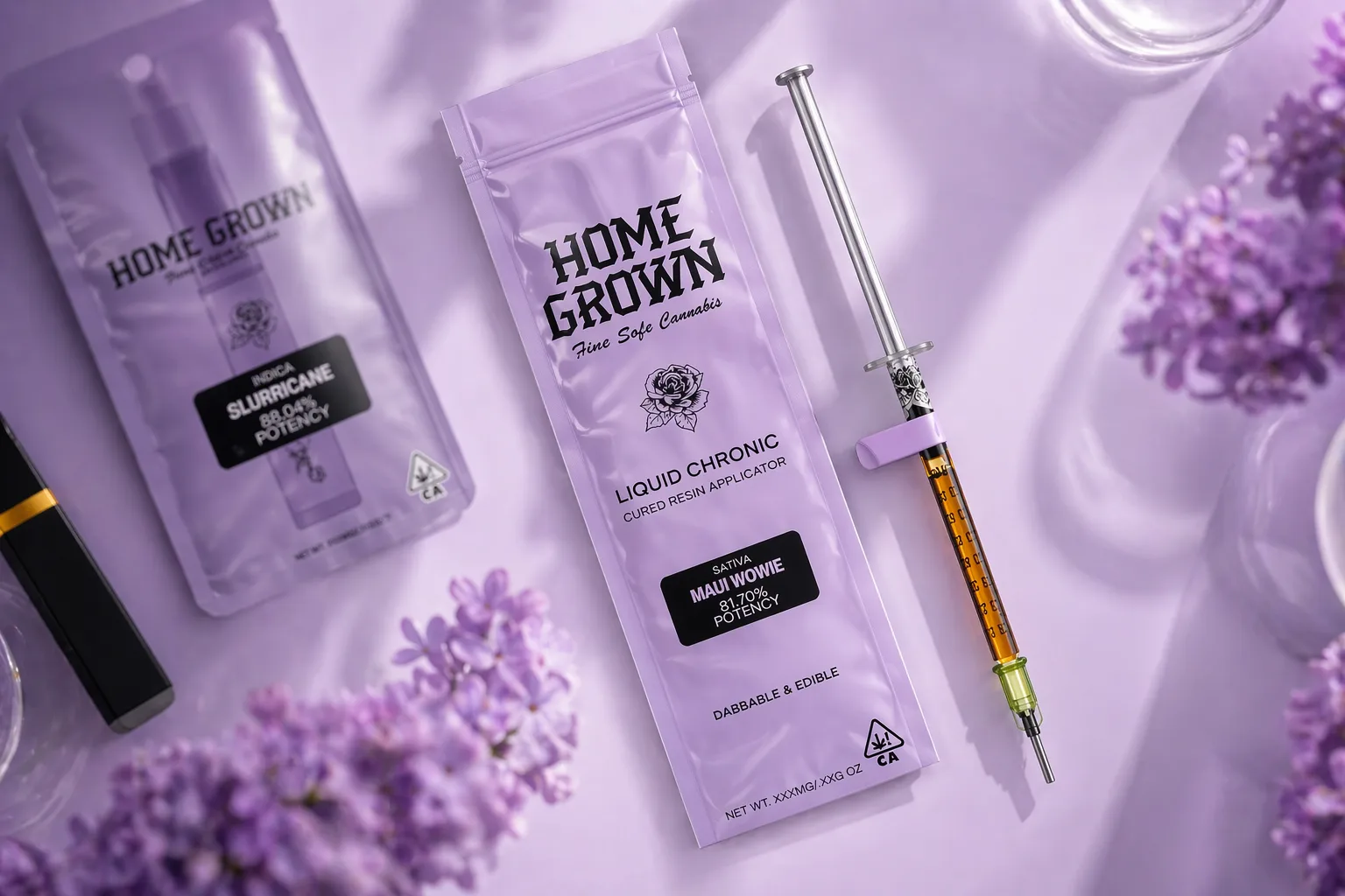 Home Grown liquid chronic cured resin applicator syringe with purple packaging and floral accents on a soft purple background