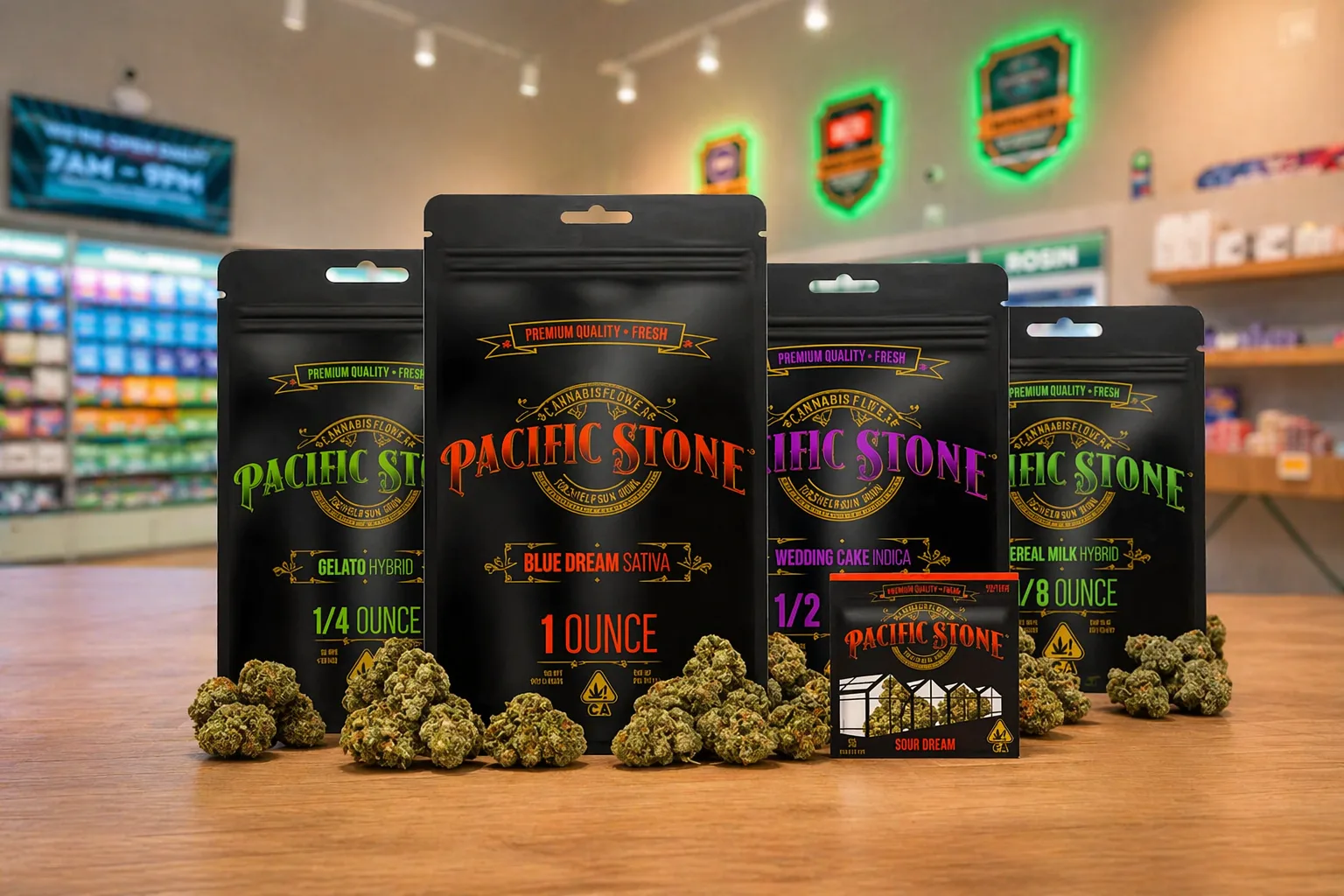 Pacific Stone cannabis flower bags and products displayed in dispensary