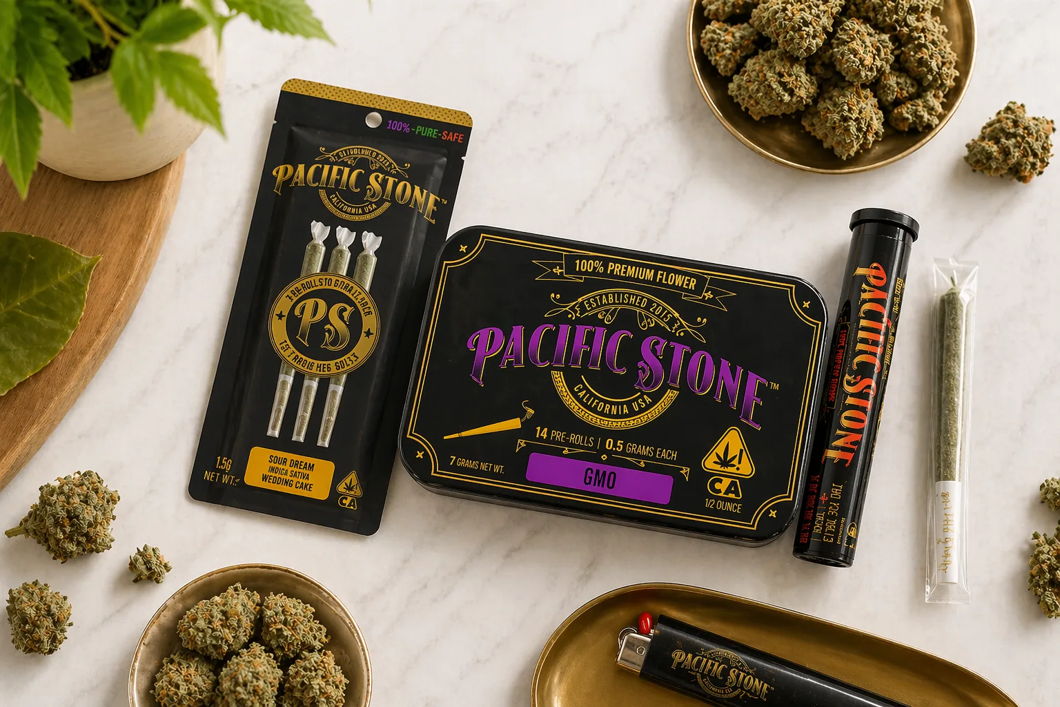 Pacific Stone prerolls and flower packaging with cannabis buds on table