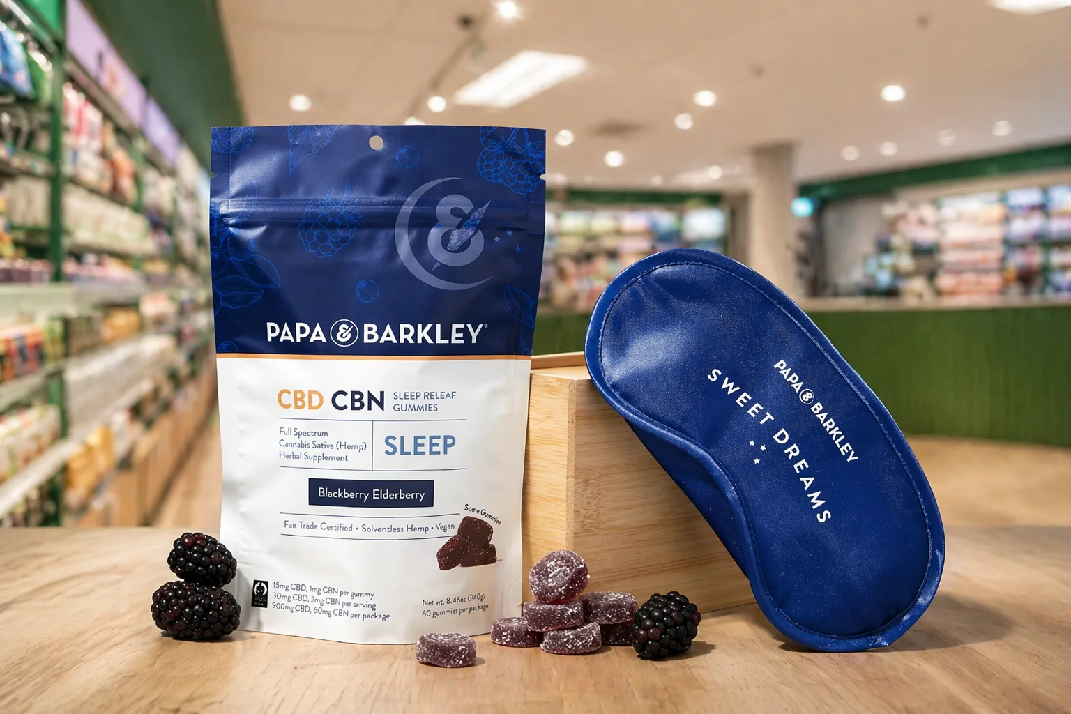 Papa and Barkley sleep gummies packaging in dispensary setting