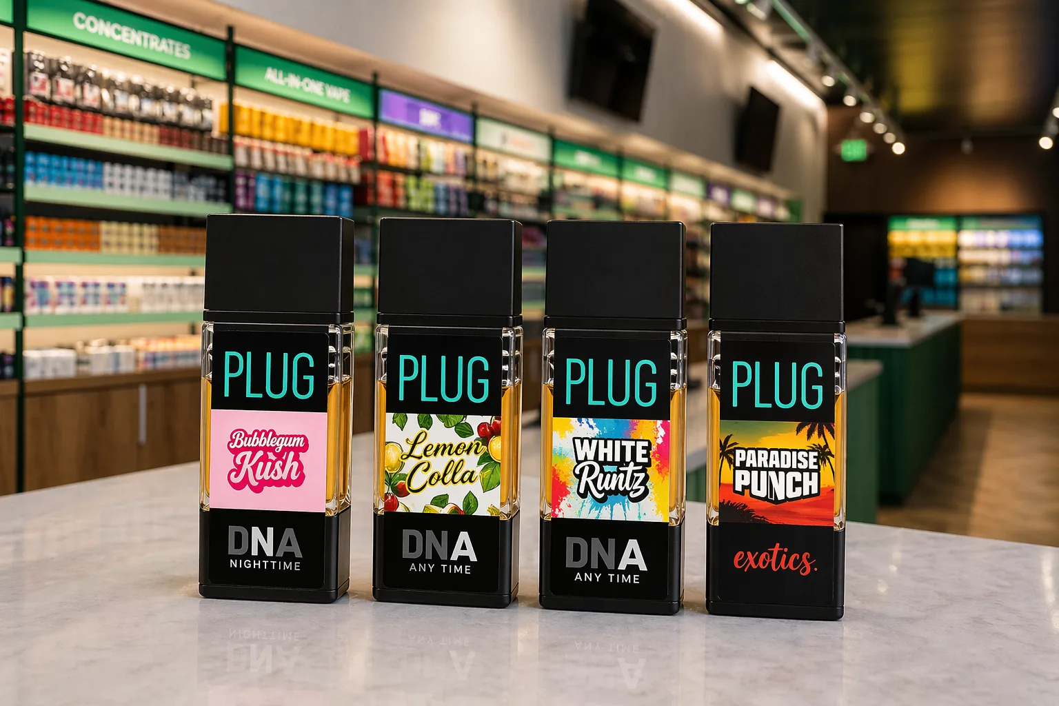 PlugPlay vape cartridges lineup in cannabis store