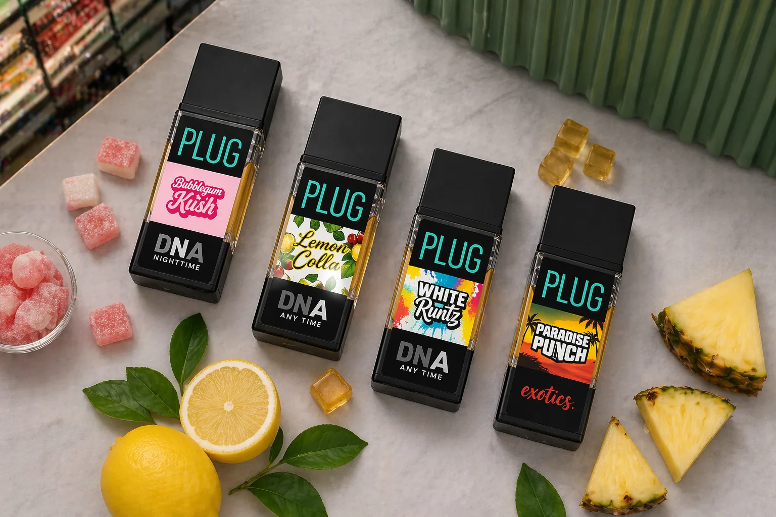 PlugPlay vape cartridges assortment with fruit on marble surface