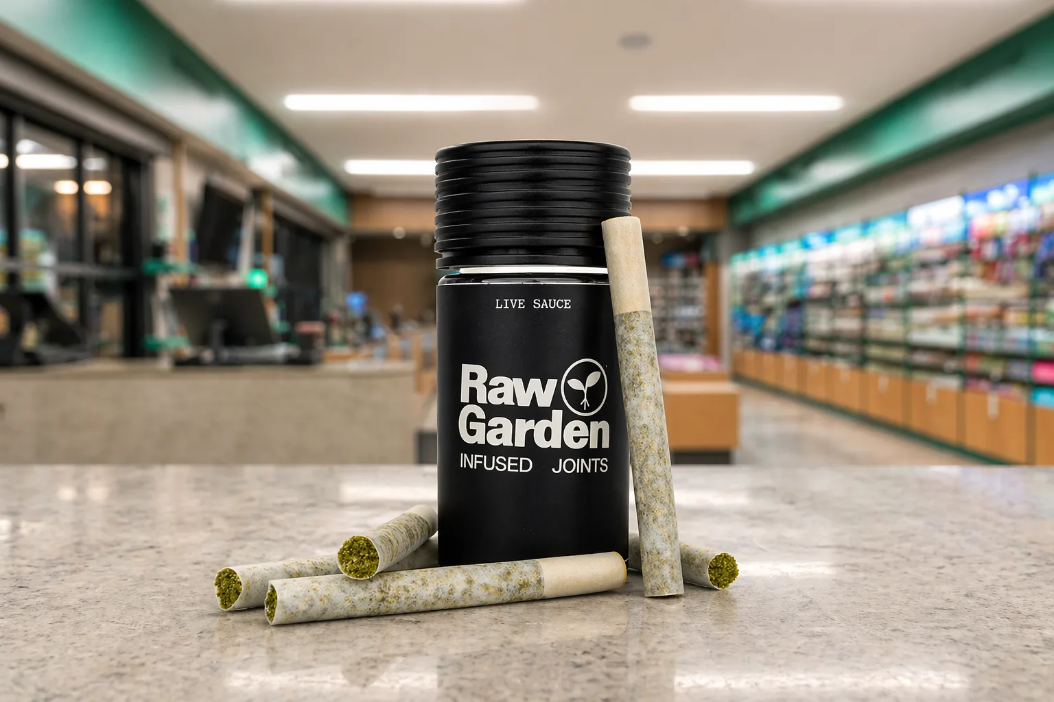 Raw Garden infused joints container with prerolls in dispensary