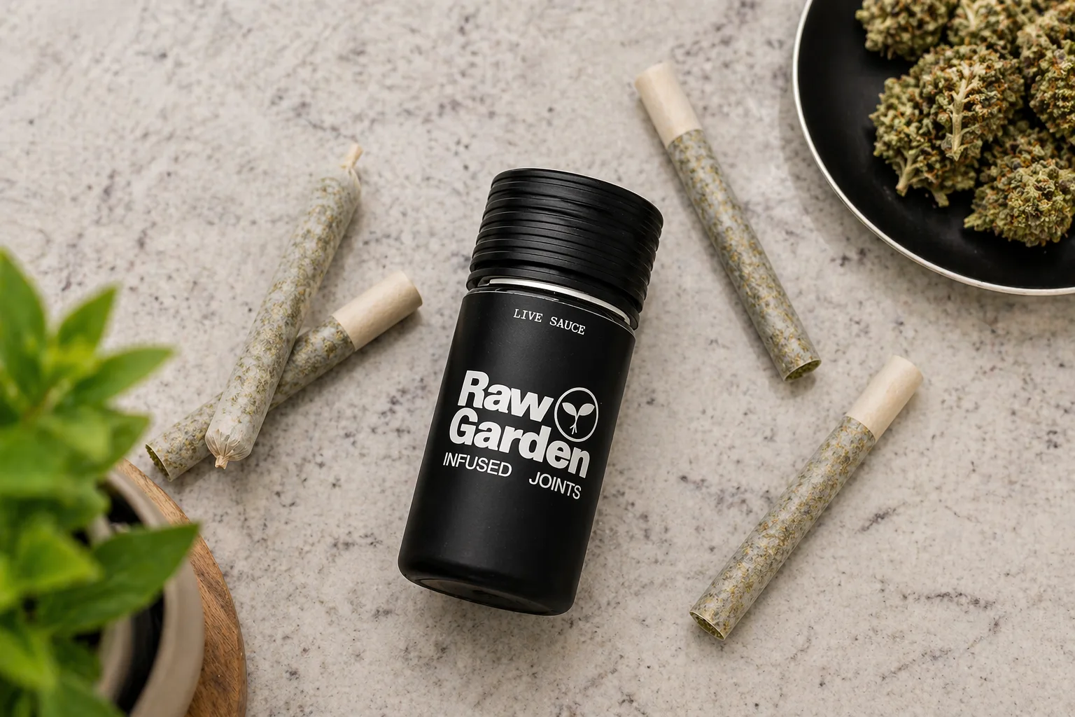 Raw Garden infused joints container with prerolls on marble surface
