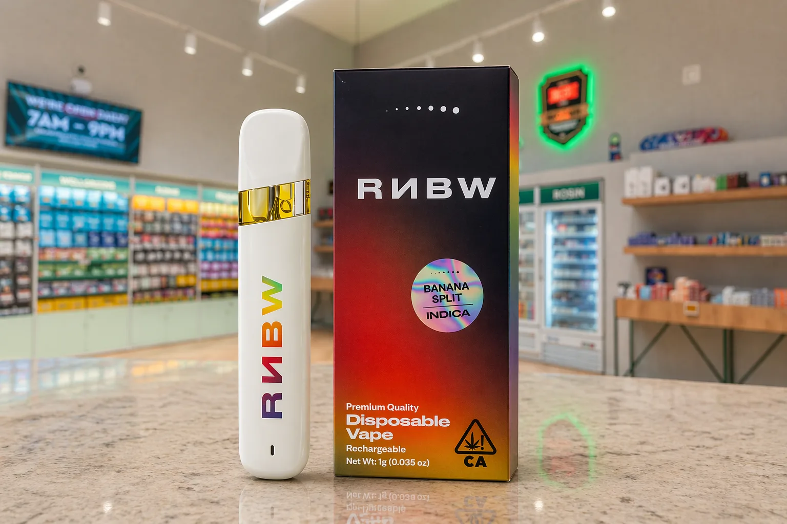 RNBW banana split vape device and box in dispensary setting