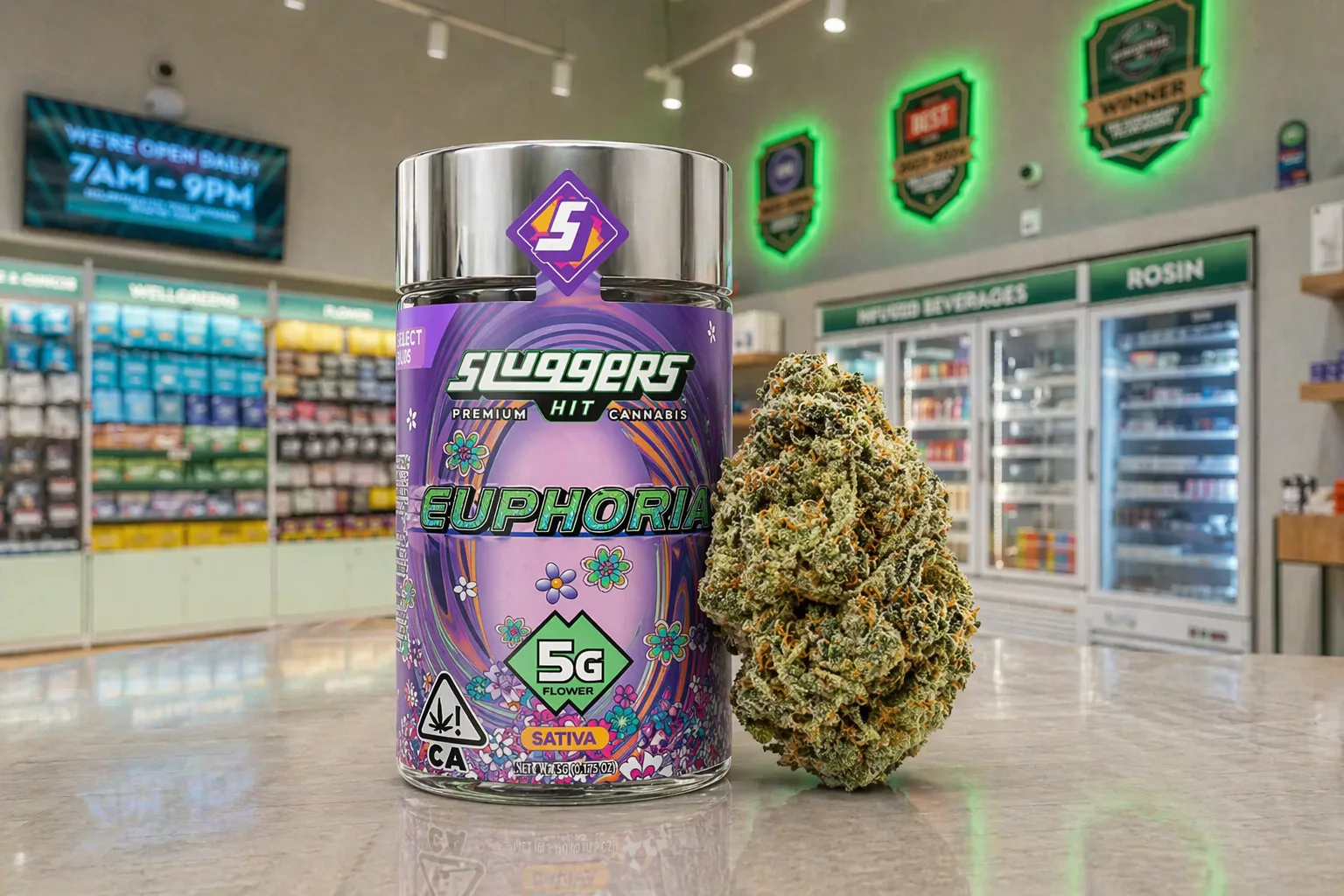 Sluggers Euphoria cannabis flower jar with bud in dispensary