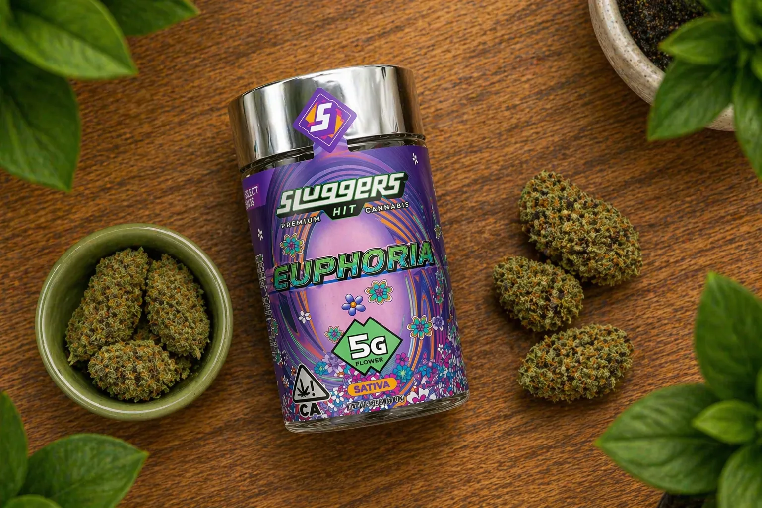 Sluggers Euphoria cannabis flower jar with buds on wooden table