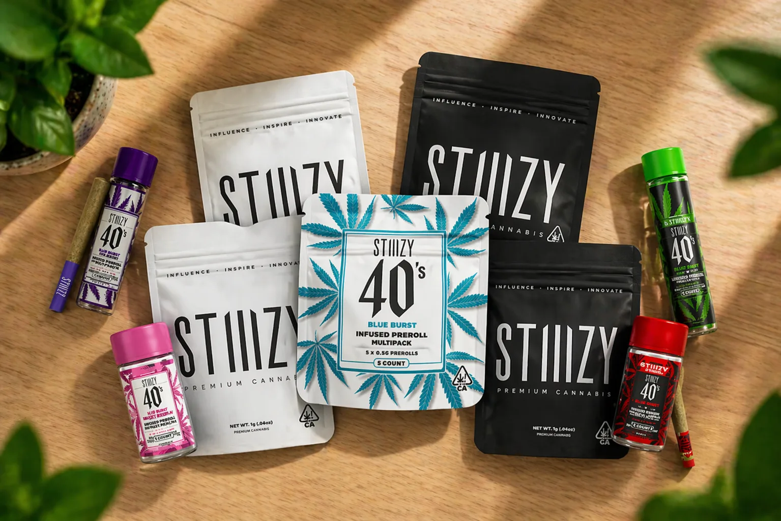 STIIIZY 40s preroll multipack products arranged on wooden table