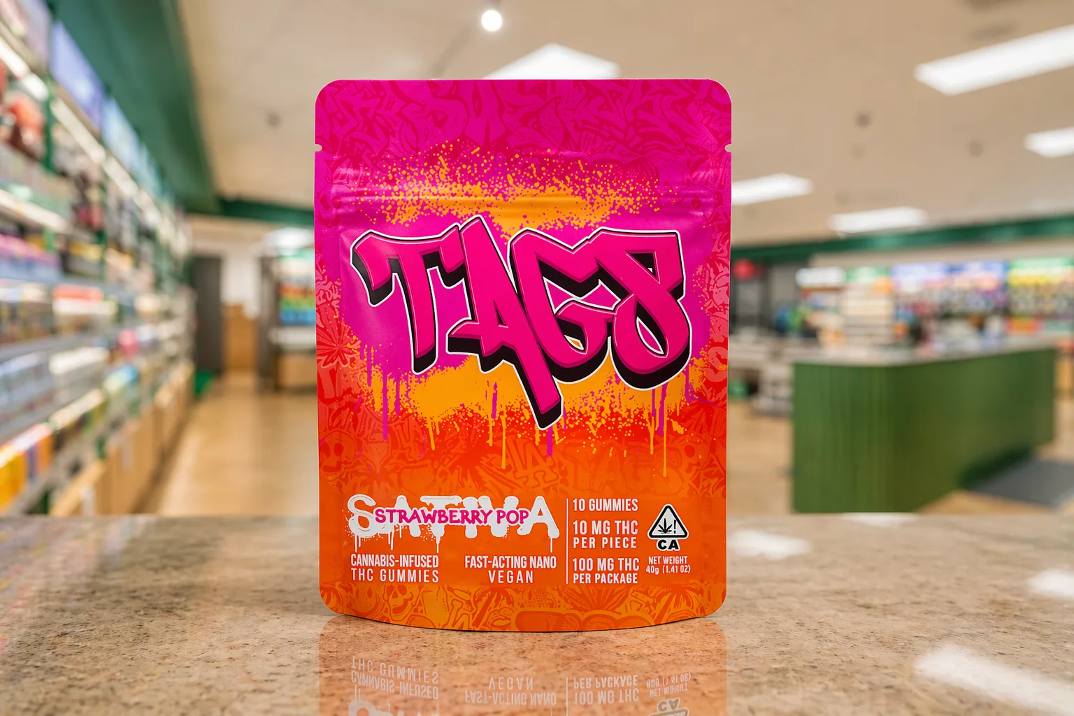 TAGS strawberry pop gummies packaging in dispensary