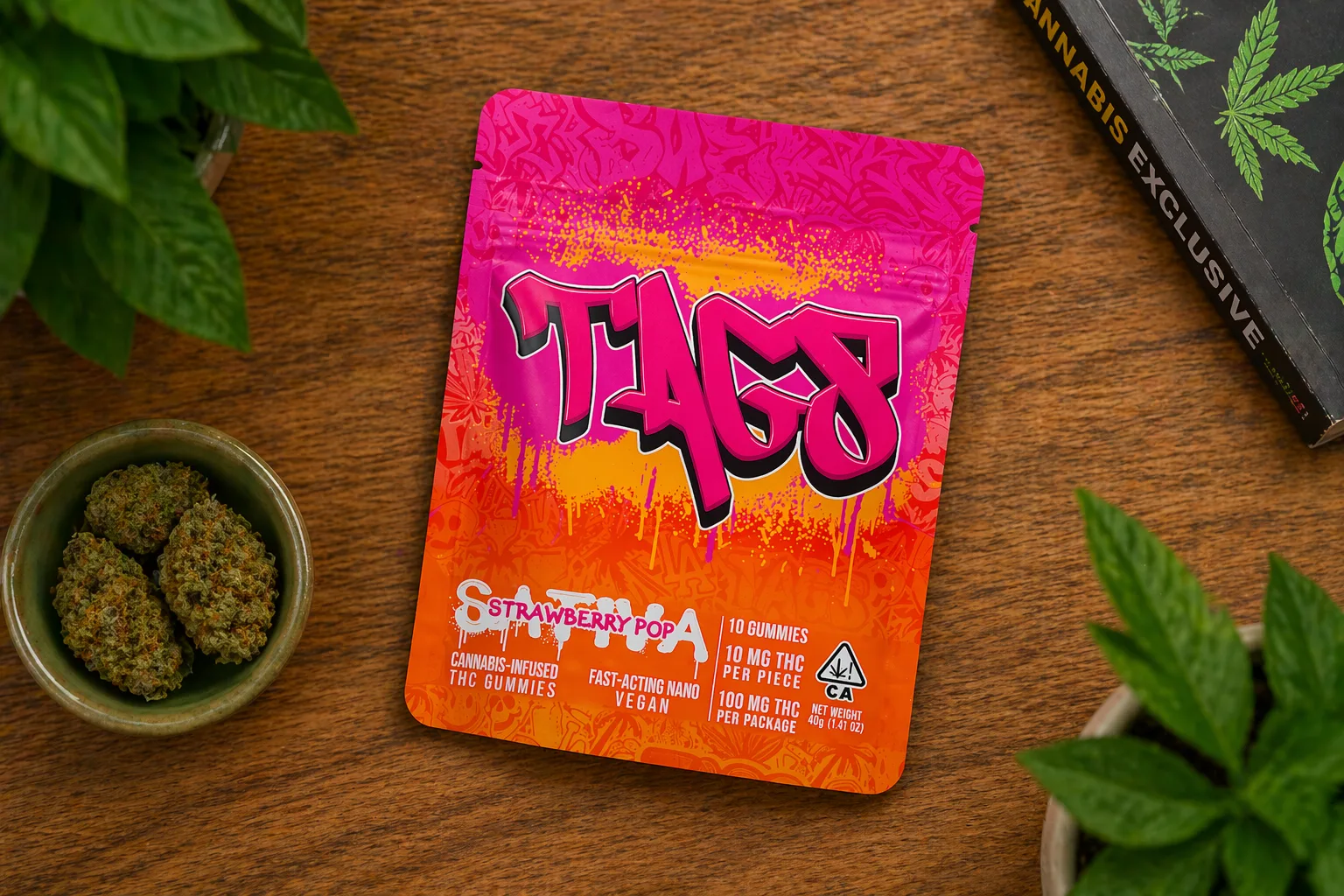 TAGS strawberry pop cannabis gummies package on wooden table