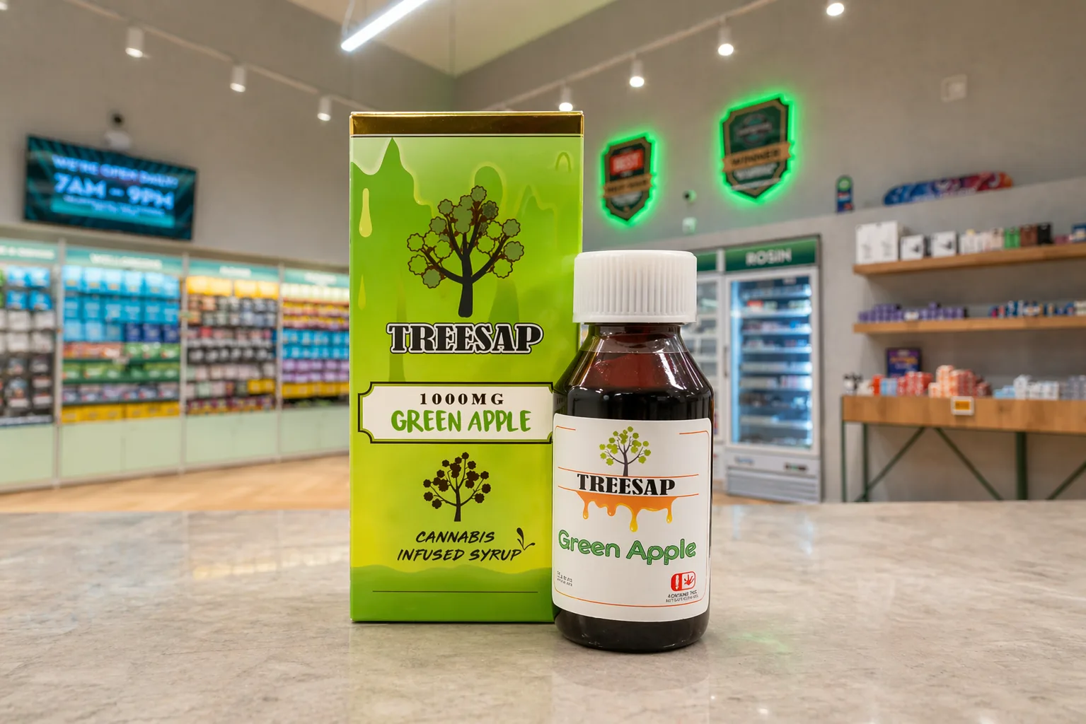 Treesap green apple cannabis syrup packaging in dispensary setting