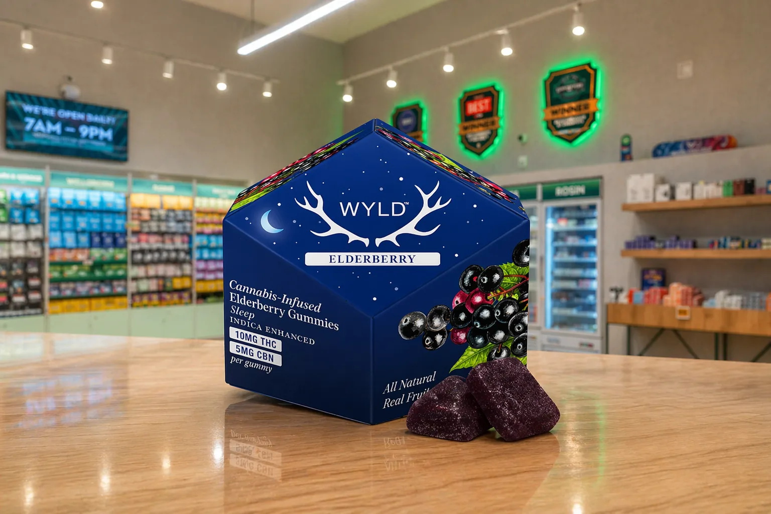 WYLD elderberry gummies packaging with cannabis store background