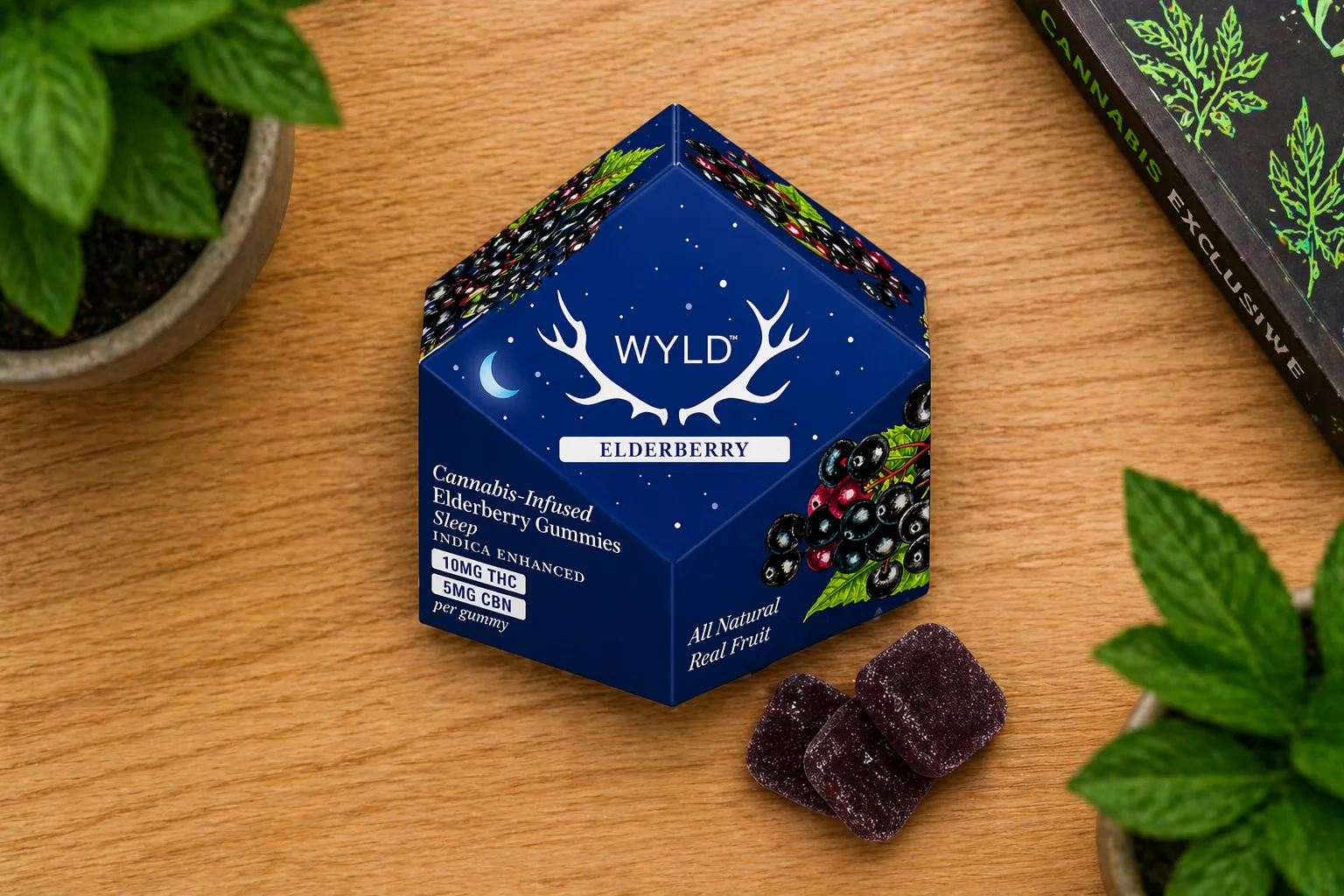 WYLD elderberry cannabis gummies box with gummies on wooden table