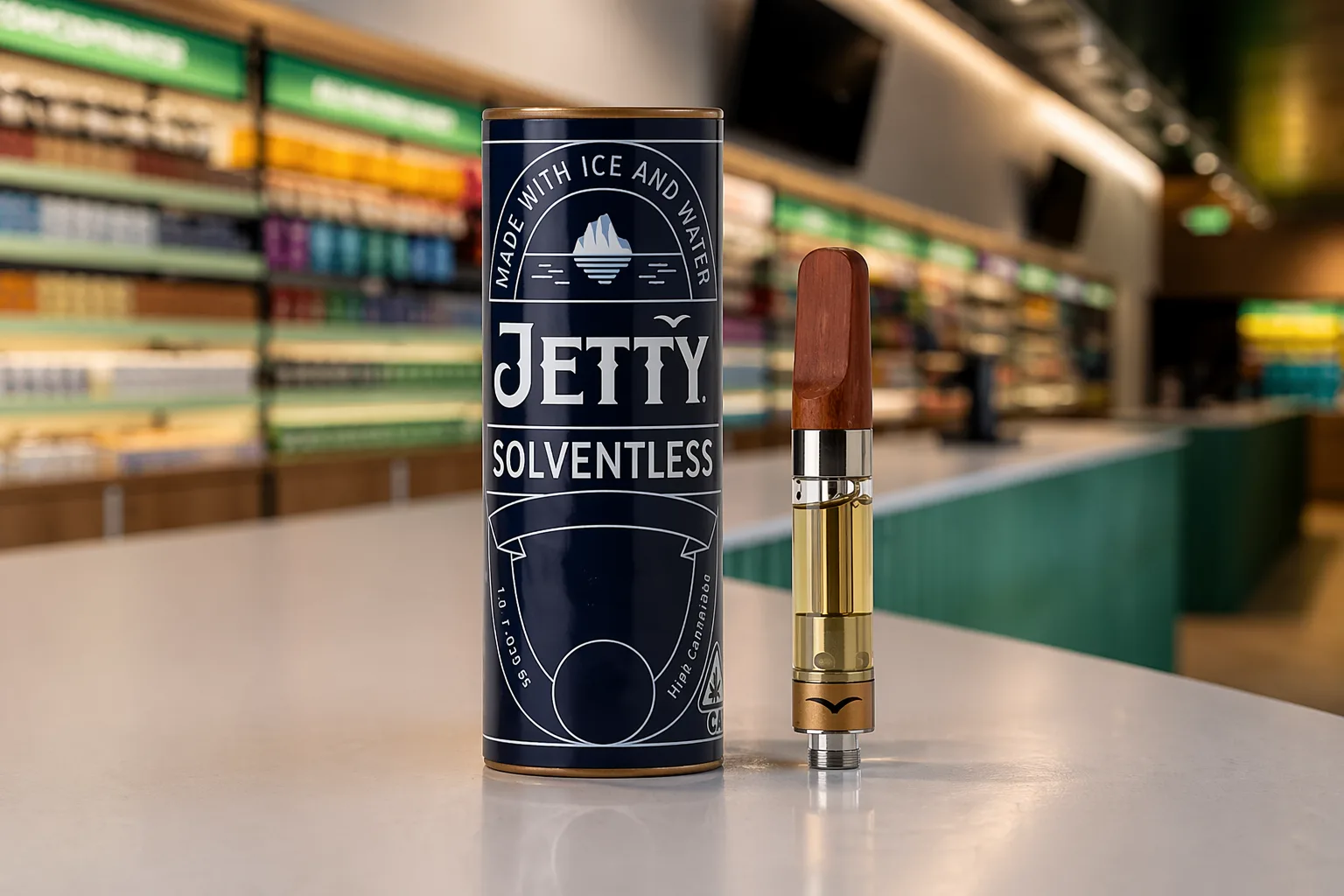Jetty solventless cannabis vape cartridge and cylindrical packaging displayed on a dispensary counter