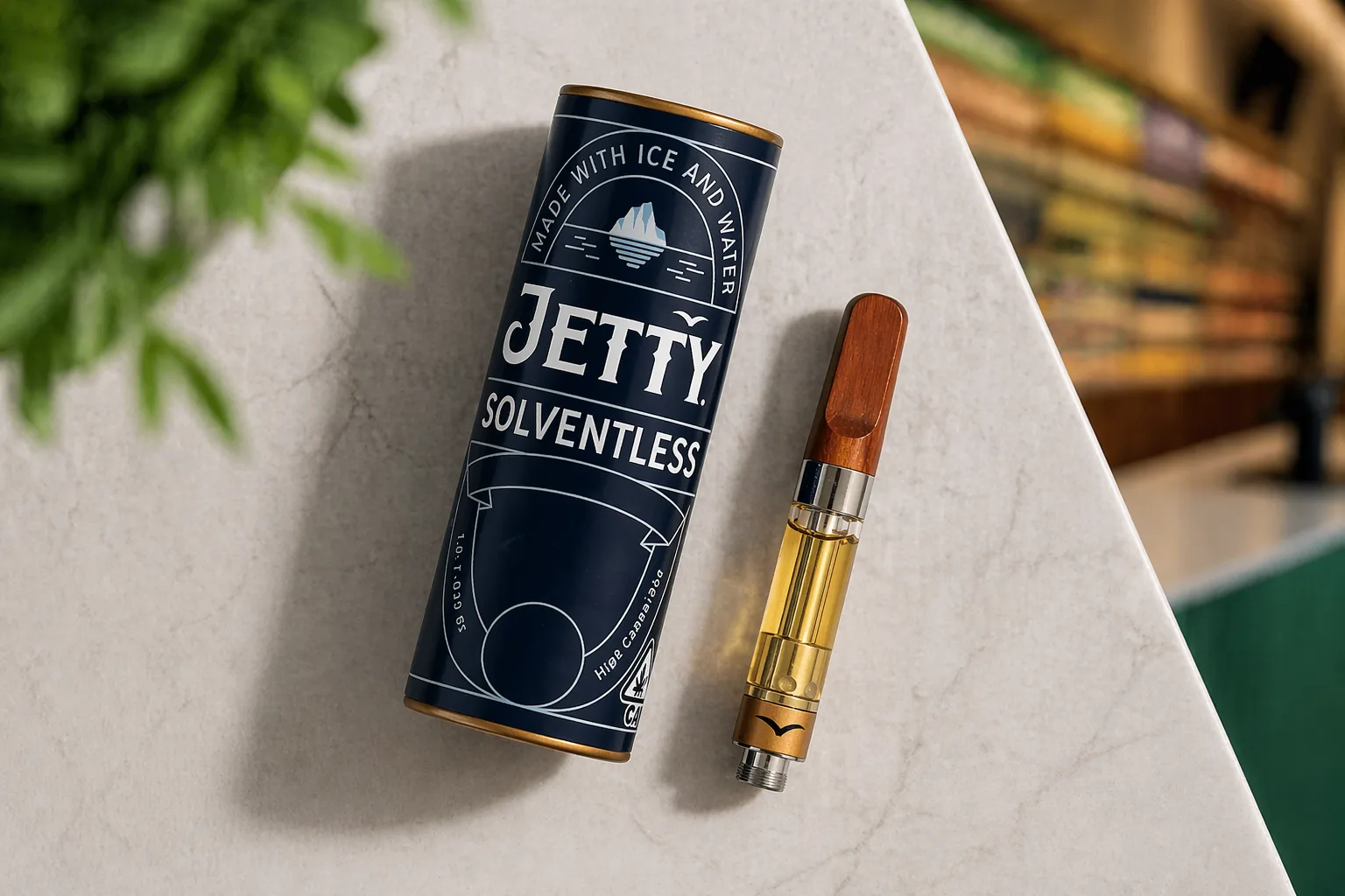 Jetty solventless vape cartridge and packaging placed on a marble surface with a clean minimal background