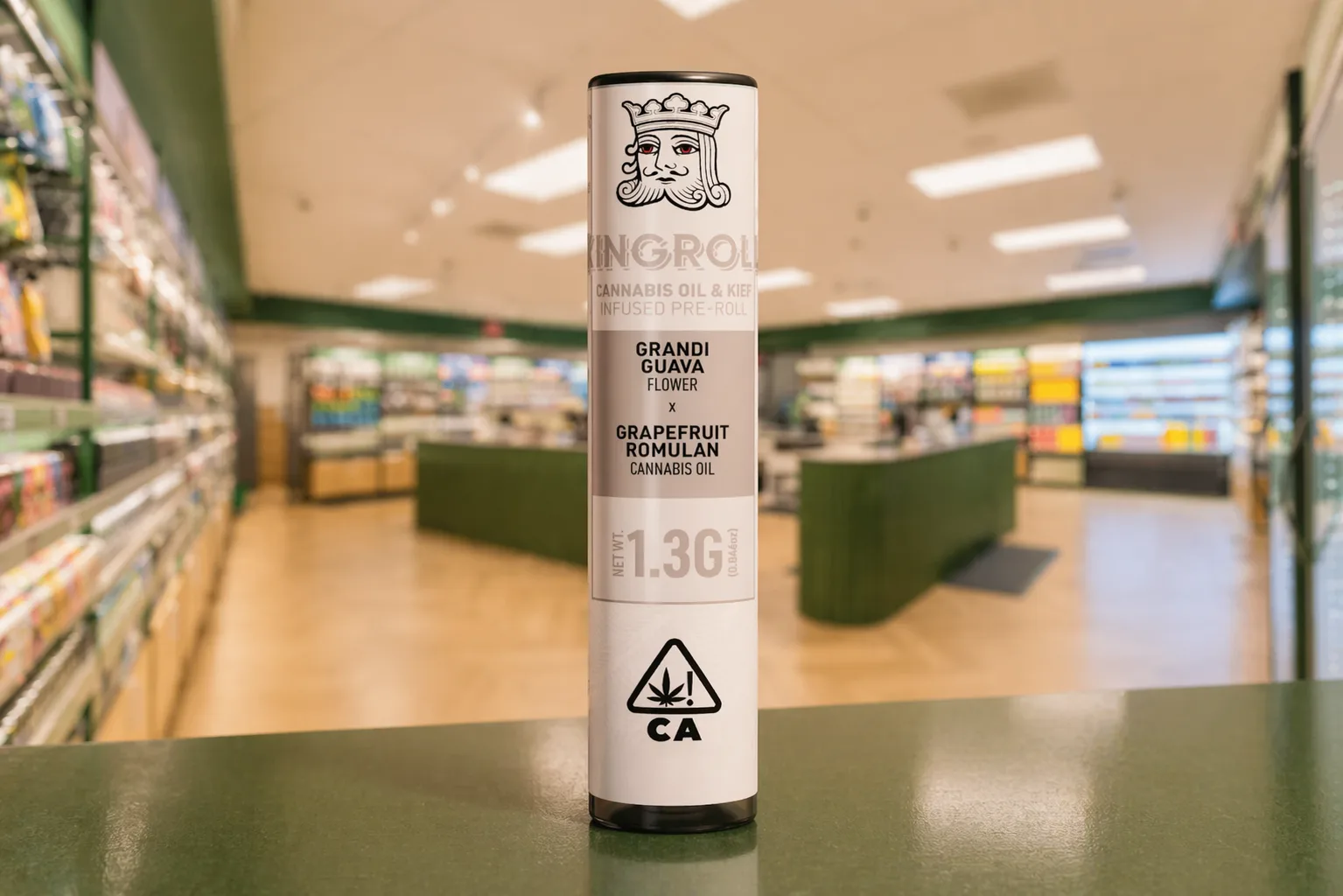 Kingroll cannabis oil and kief infused pre roll in grandi guava displayed in a tube on a dispensary counter