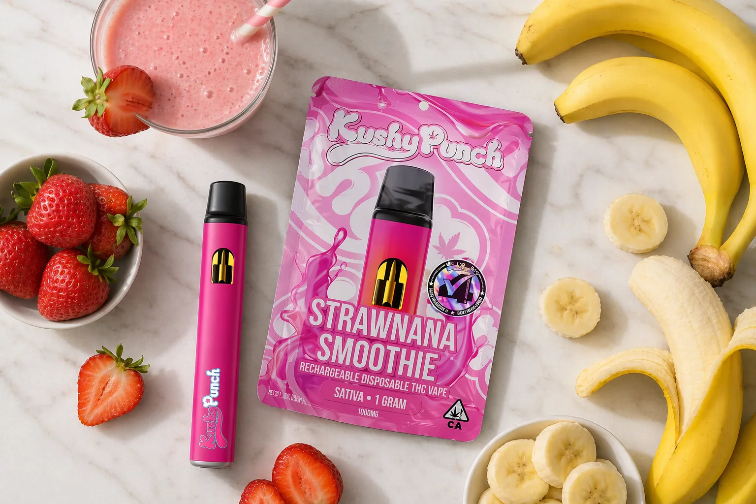 Kushy Punch Strawnana Smoothie vape and packaging arranged with strawberries, bananas, and a smoothie on a marble surface