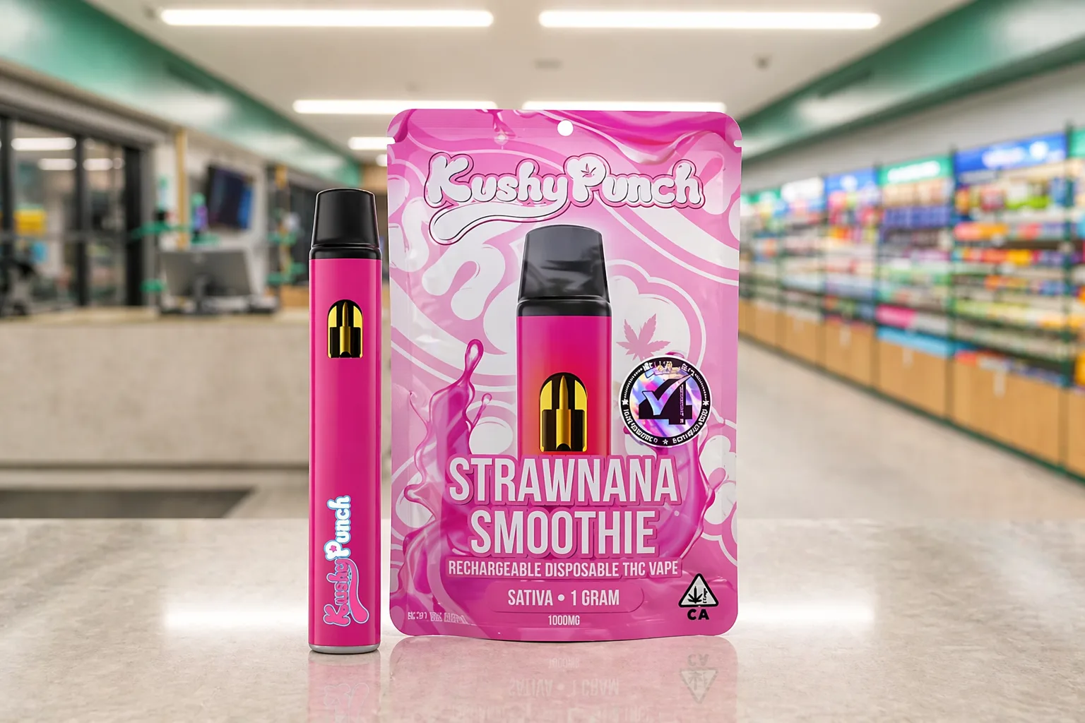 Kushy Punch Strawnana Smoothie disposable THC vape and packaging displayed on a dispensary counter
