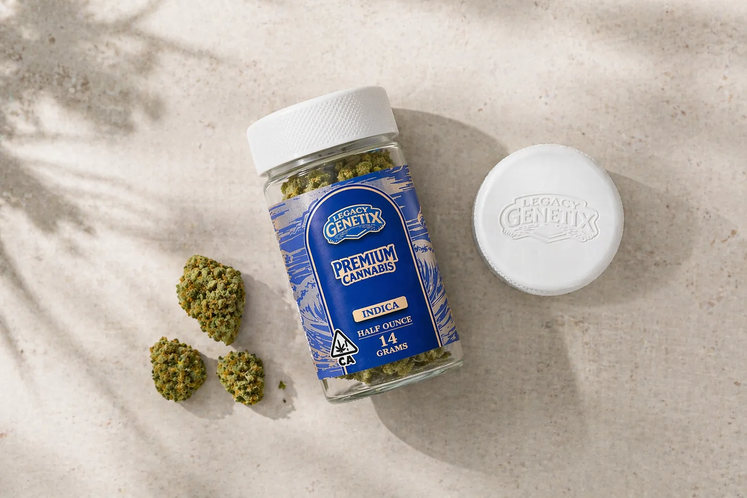 Legacy Genetix premium cannabis flower jar with loose buds flat lay