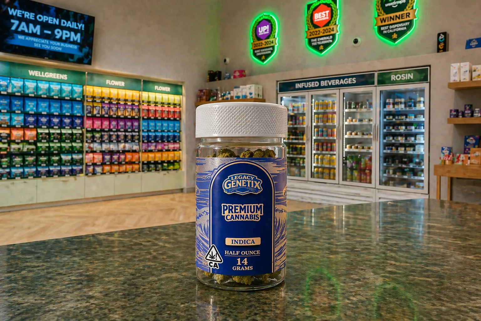 Legacy Genetix indica premium cannabis flower jar on dispensary counter