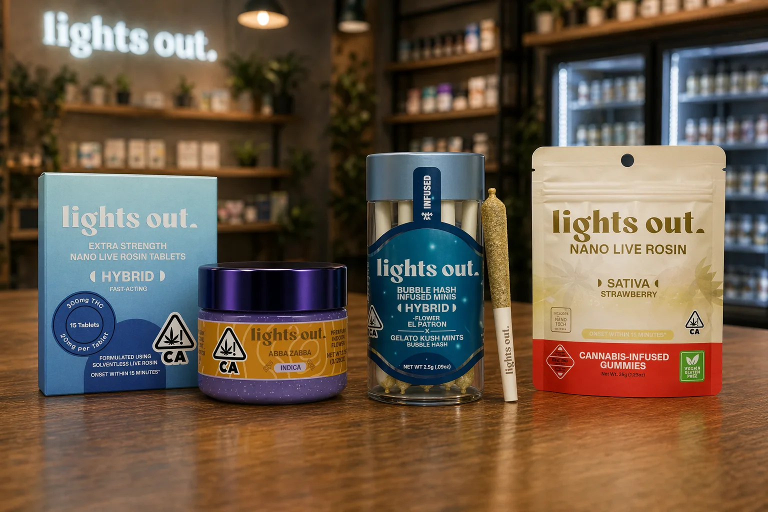 Lights Out cannabis products including nano tablets, flower jar, preroll, and gummies
